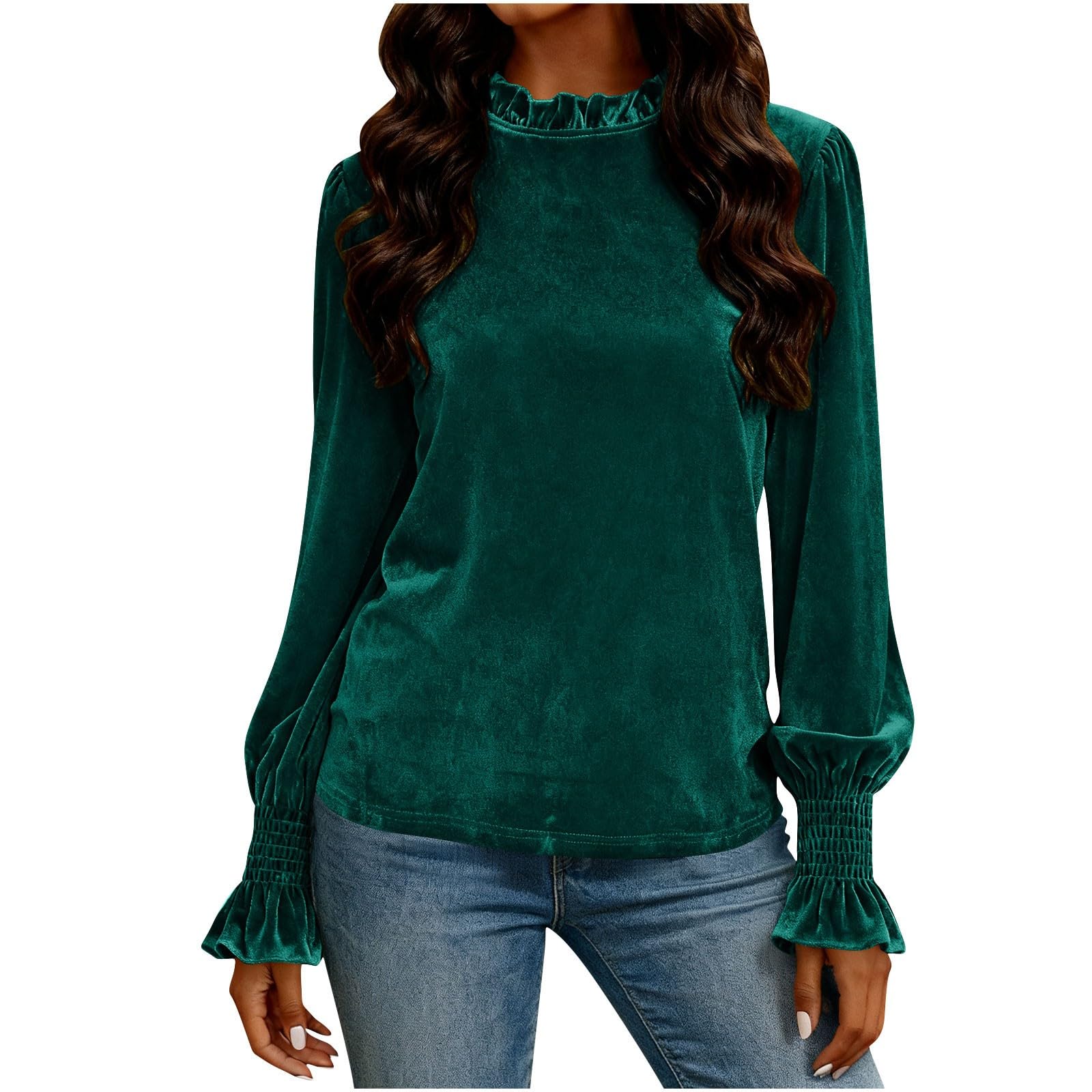 KHIRVWL Top Donna Casual Largo in Velluto Scollo Tondo Maniche Lunghe Tops Pizzo Maglietta con Glitter Sexy Taglie Forti Camicetta Brillantini Maglia da Sera Curvy Camicia Oro per Feste e Serate