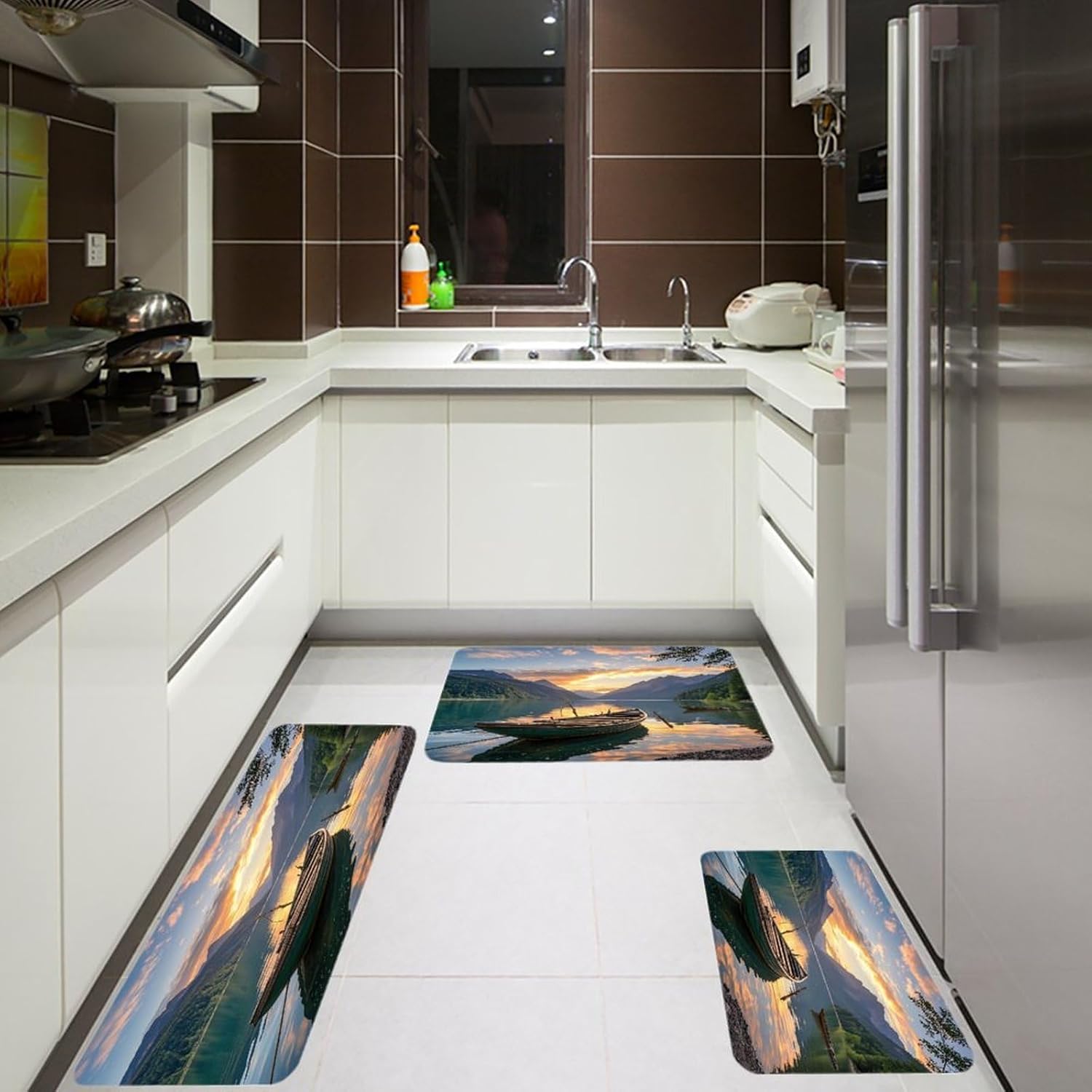 River Sunset Wooden Boat Kitchen Mats for Floor 3PCS Waterproof Low-Profile Kitchen Rugs Floor Mat Non Slip Anti Fatigue Mats Comfort Standing Mat Runner Rug Area Rug 6"x24"+20"x31"+17"x47"