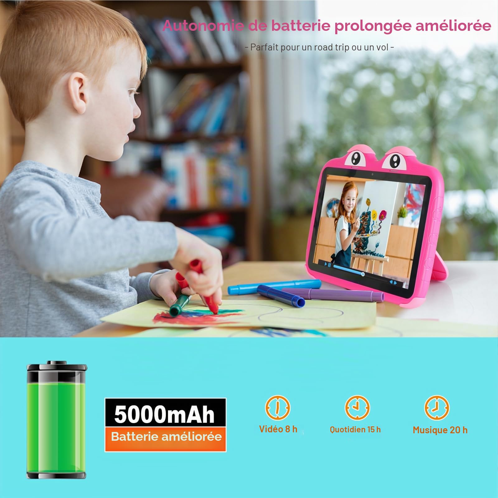 zcobro Tablette pour Enfants 10 Pouces Android Tactile Tablette Enfants avec Case 2+64 Go 5000mAh Widevine L1,WiFi 6 Tablette Bluetooth IPS HD 1280 * 800 Contrôle Parental (Rose)