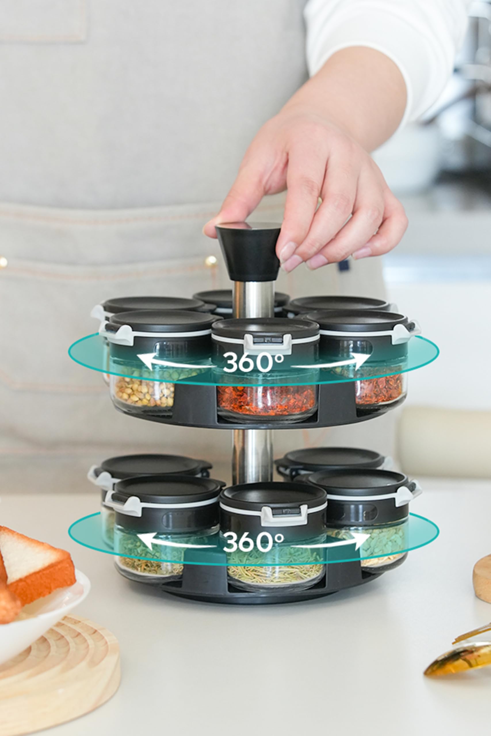 Aurakoa 360 rotating 2 tier 12 jars spice rack (12 spice jars) Revolving Seasoning Organizer. Spinning Spice Rack for Counter top and Cabinet