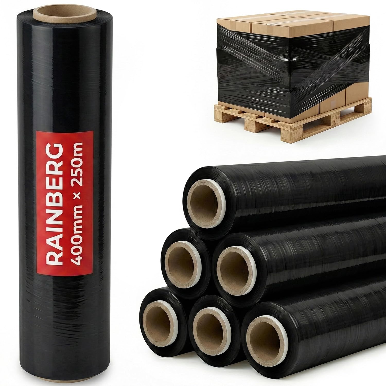 Rainberg Strong Heavy-Duty Stretch Film for Pallet Wrapping, Packaging and Moving for Furniture, Luggage, and Parcels, Water & Moisture Proof Pallet Stretch Shrink Wrap rolls 400mm x 250m (Black, 6)