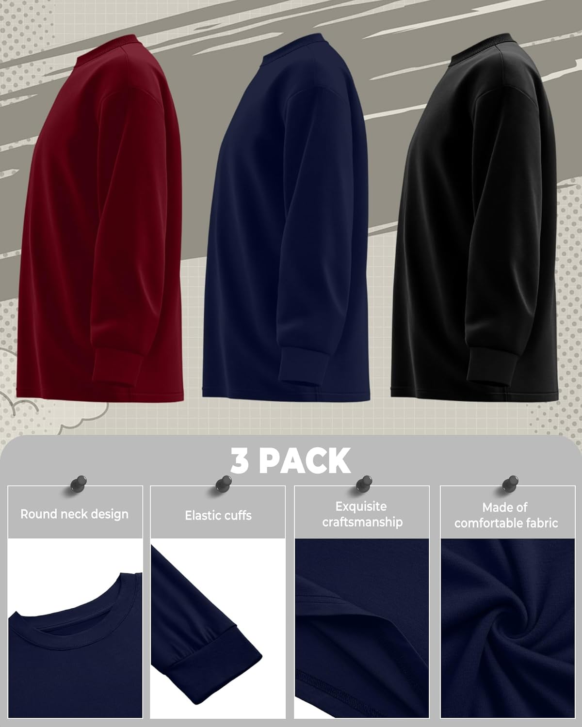 3 Pack Long Sleeve Shirts for Boy Crewneck Youth Undershirts Loose Kids Tops Winter Fall Basic Tee Pullover - Image 3