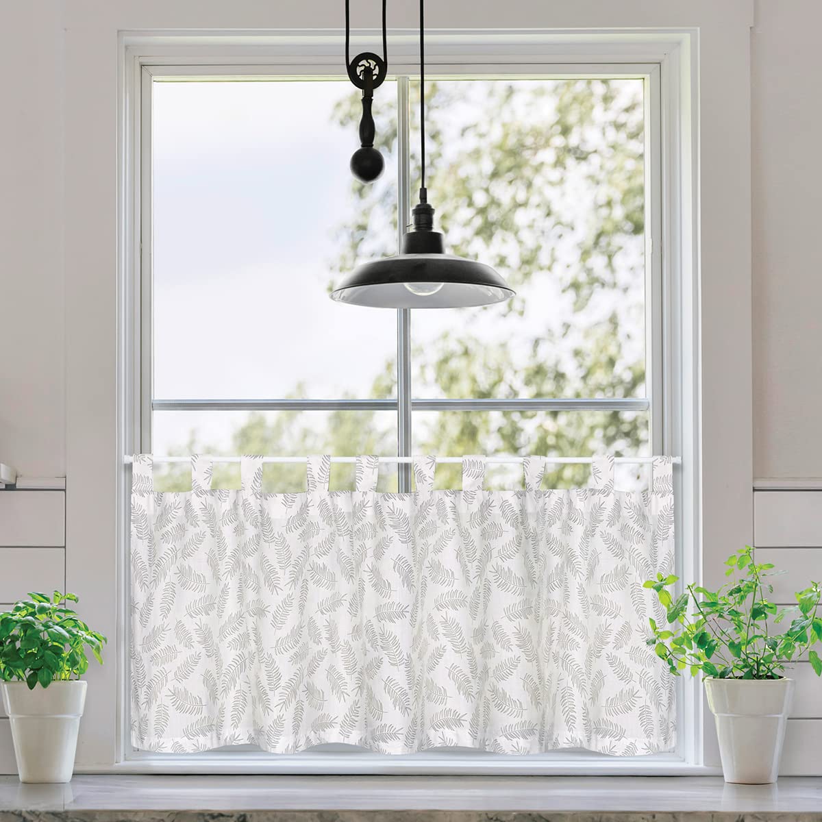 SCHÖNER LEBEN. Rideau brise-bise bio en coton bio avec impression de feuilles blanc laine/vert 150 x 50 cm