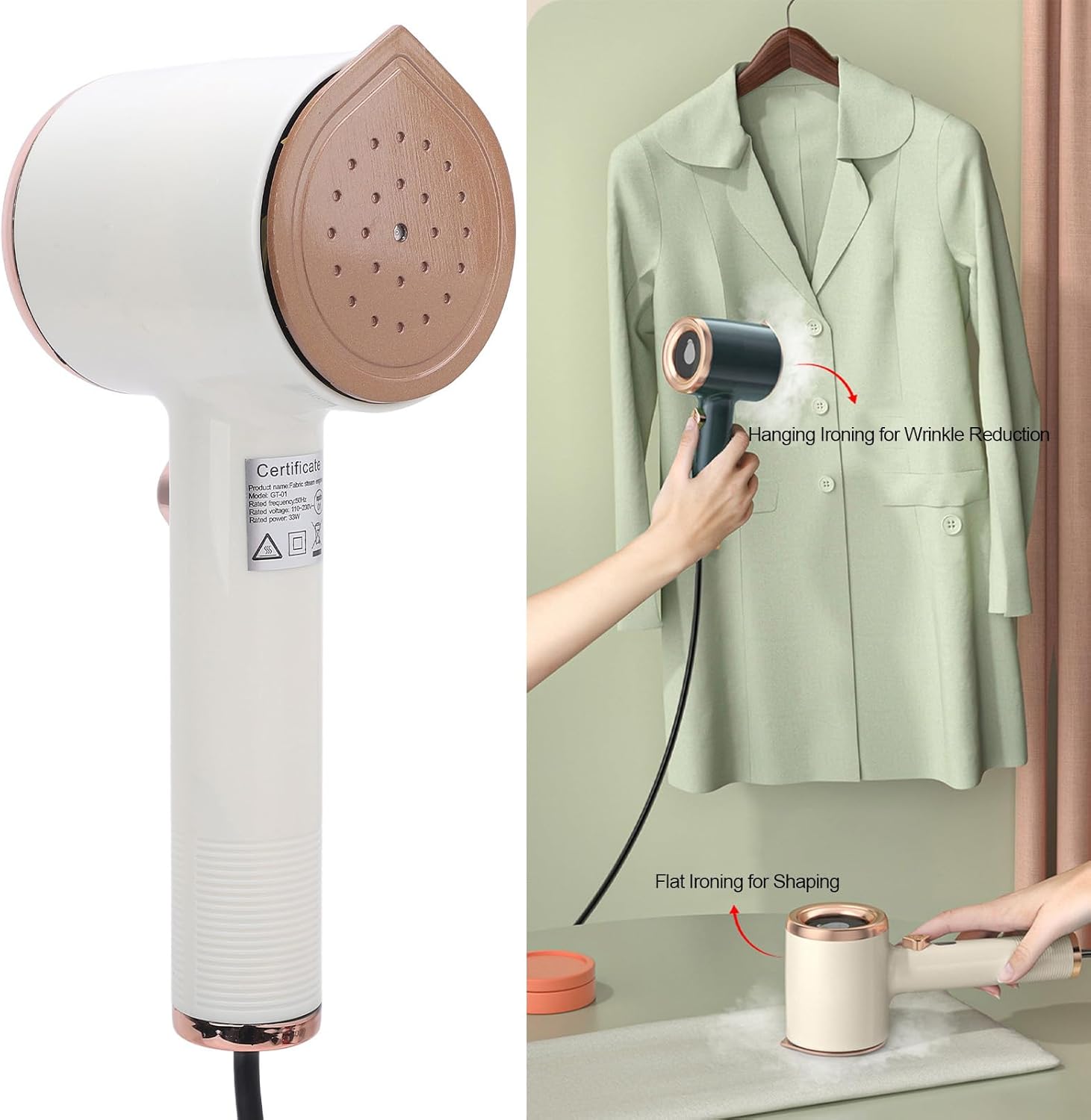 Portable Fabric Clothing Steam Machine,Handheld Travel Ironing Device for Home, Wet Dry Mini Garment Iron with Ti Panel, Dual Use (White)
