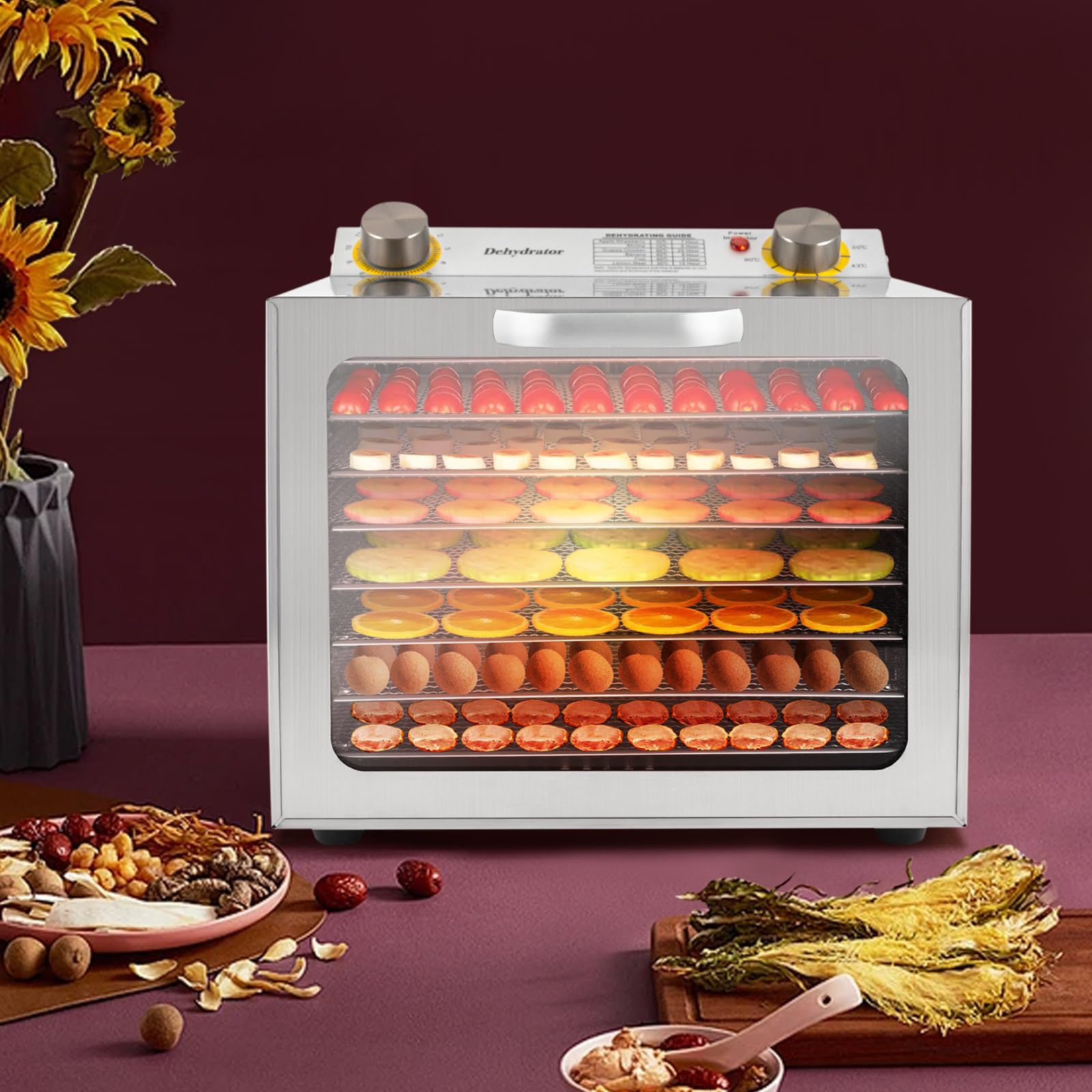 Deshidratador de acero inoxidable con 8 rejillas de acero inoxidable, deshidratador de alimentos de 30 – 90 °C, temporizador de 12 horas, deshidratador, deshidratador, deshidratador