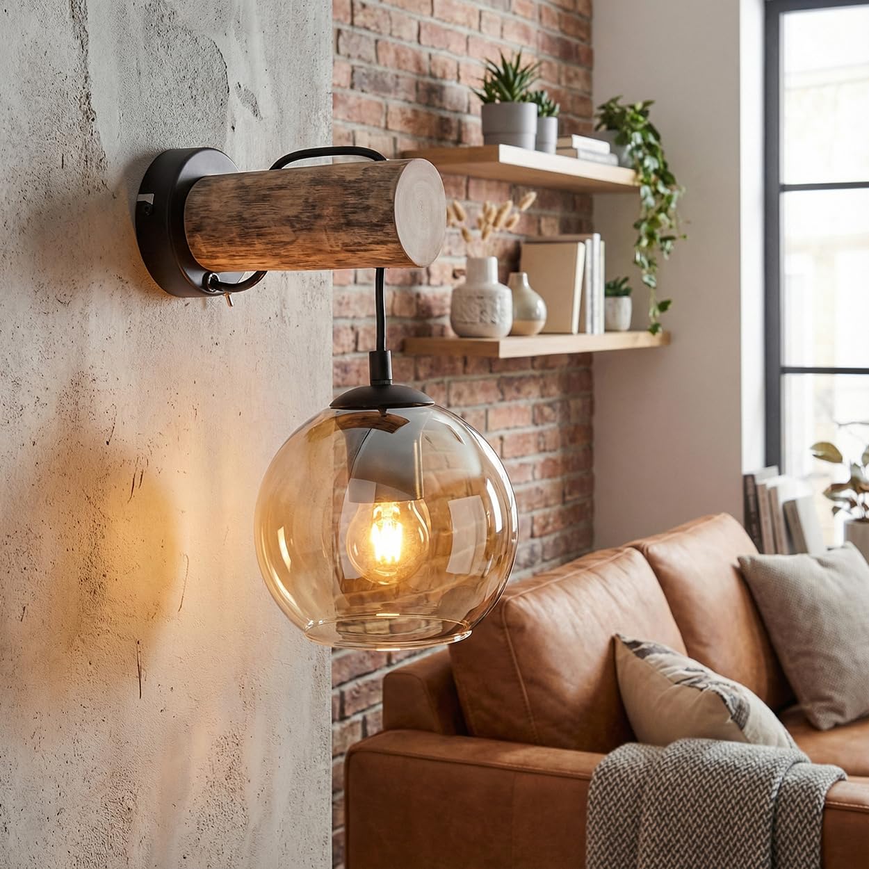 HOFSTEIN Wandleuchte Koyoto, Wandlampe aus Metall/Holz/Glas in Schwarz/Natur/Bernstein, moderne Leuchte im Retro/Vintage-Design (Ø 15 cm), Schalter am Gehäuse, E27, Wohnzimmer, Schlafzimmer, Flur