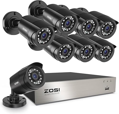 ZOSI 8CH 1080P - Sistema de cámara de seguridad para exteriores con disco duro, 8 canales, Video ligero de 5MP, Grabadora DVR con 8X 1080P HD