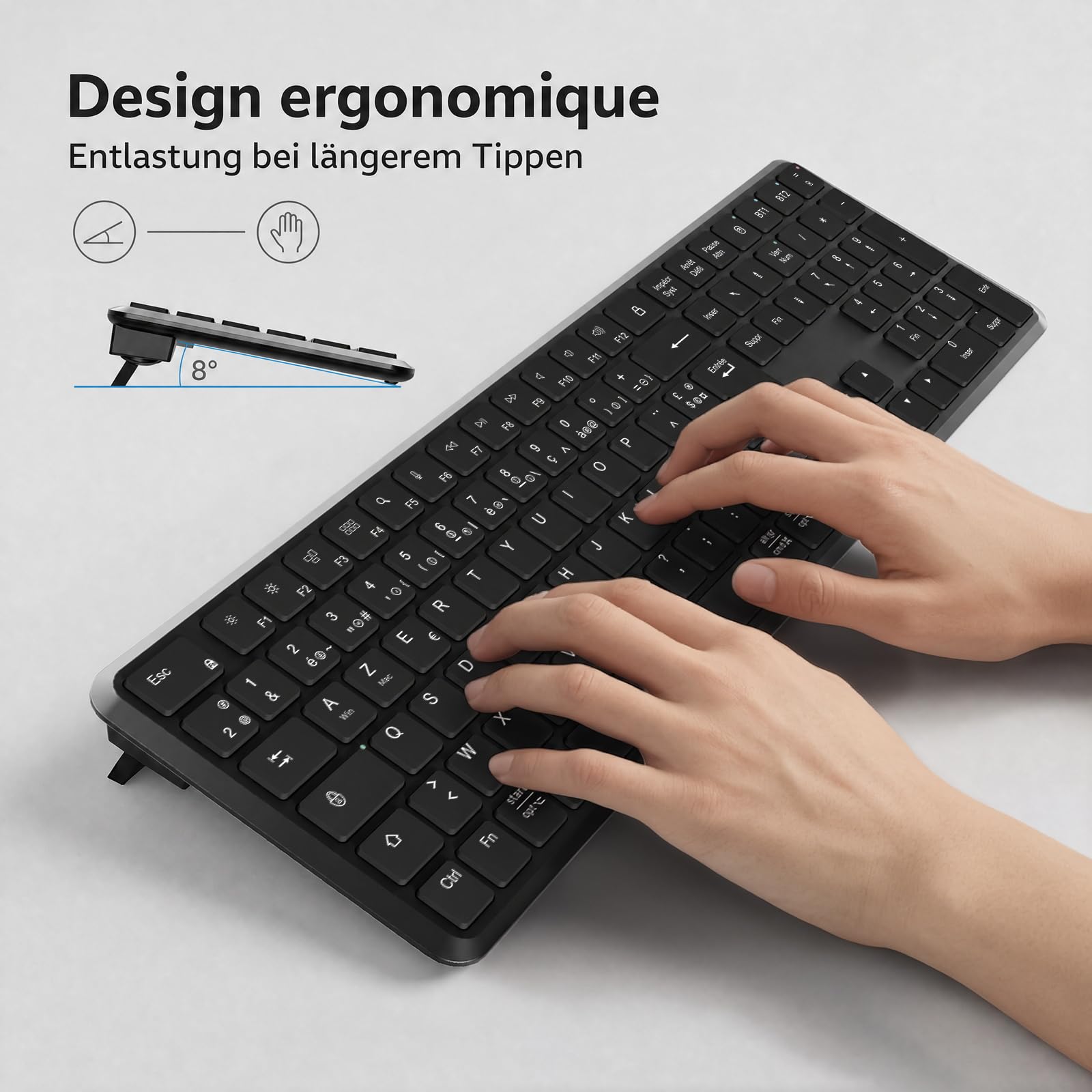 TECURS Clavier sans Fil Bluetooth (2BT + 2.4G), Disposition AZERTY, Noir
