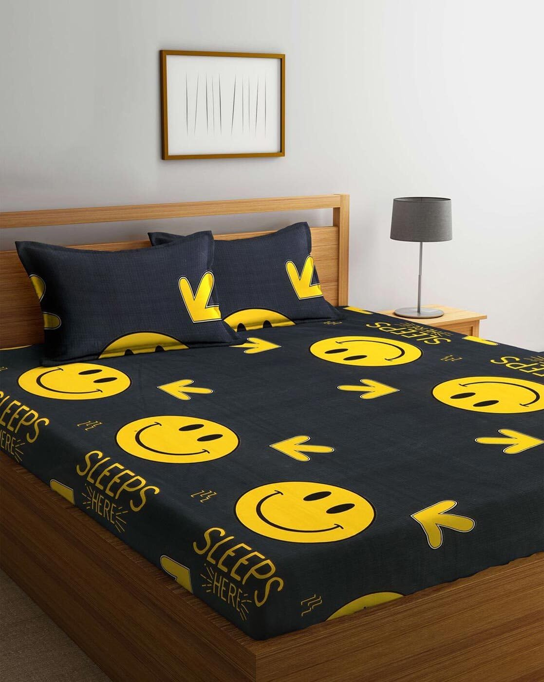 STARNSTYLE Polycotton 220 TC Floral Printed King Size Double Bedsheet with 2 Pillow Covers, (90 x 90 Inches, Yellow Emoji