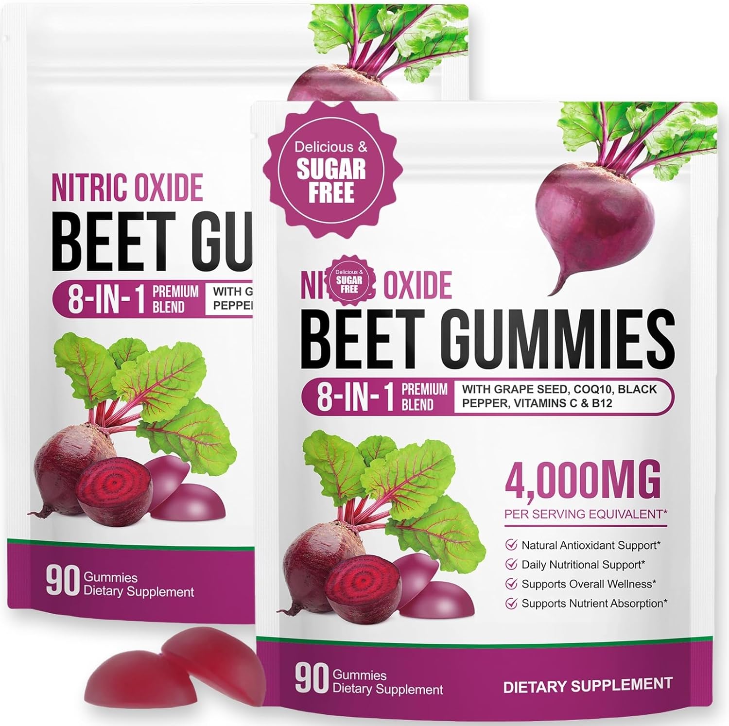Super Beetroot Gummies, 8 in 1 Beet Root 4,000mg with Grape Seed Extract & CoQ10, Sugar Free - 90 Count (2)