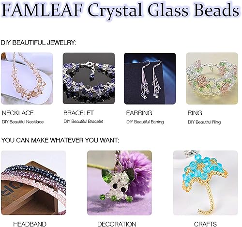 Miniatura 7 de FAMLEAF 100 cuentas de cristal de cristal, cuentas de vidrio de 0.315 pulgadas para la fabricación de joyas, cuentas de bicona, cuentas de cristal