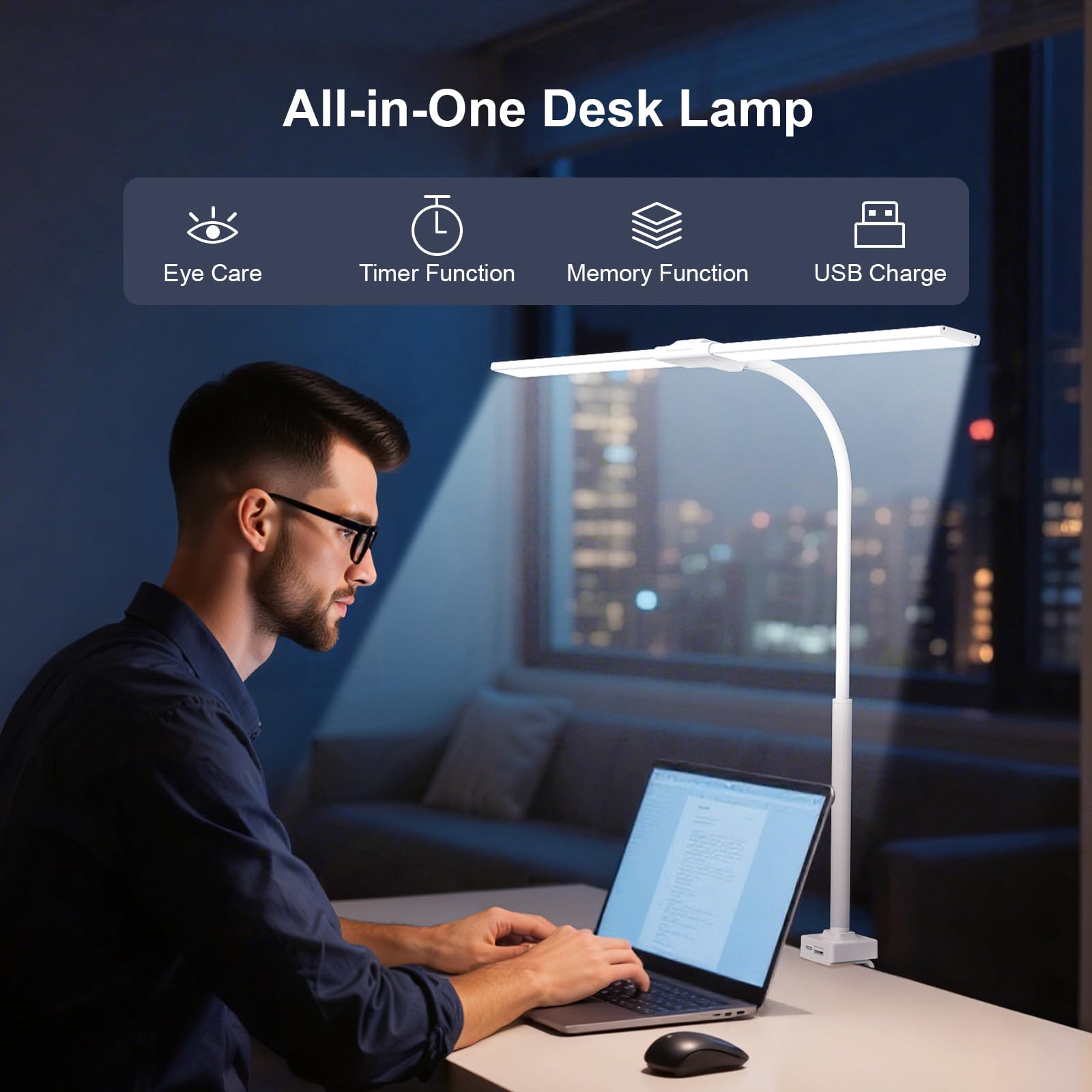 Lampa biurkowa LED 24 W z zaciskiem - 1500 lm 80 cm lampa do czytania łabędzia z pilotem, port ładowania USB do domu i biura, biała