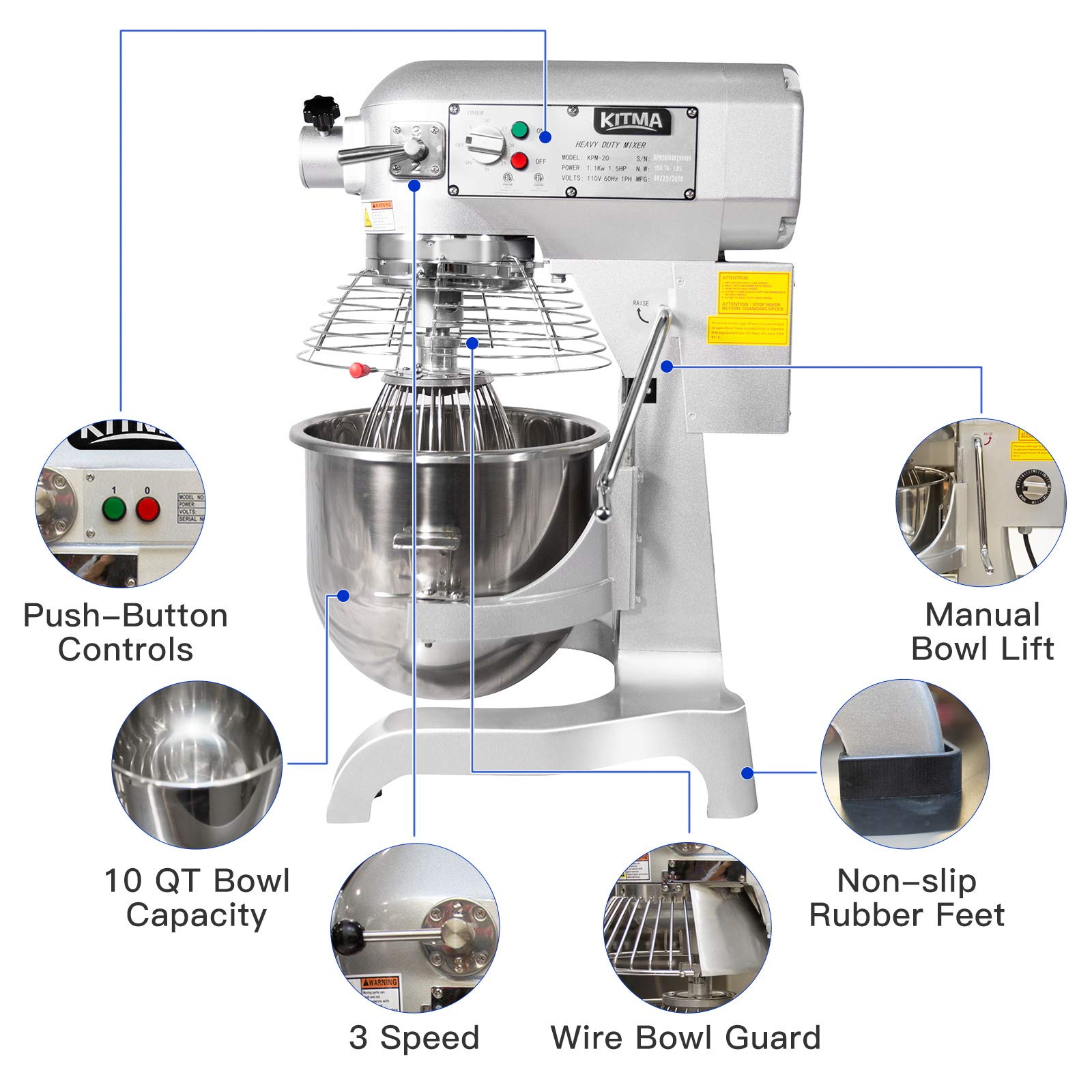 KITMA 20 Quart Heavy Duty Floor Mixer 3 Speeds Commercial Food Mixer with Stainless Steel Bowl