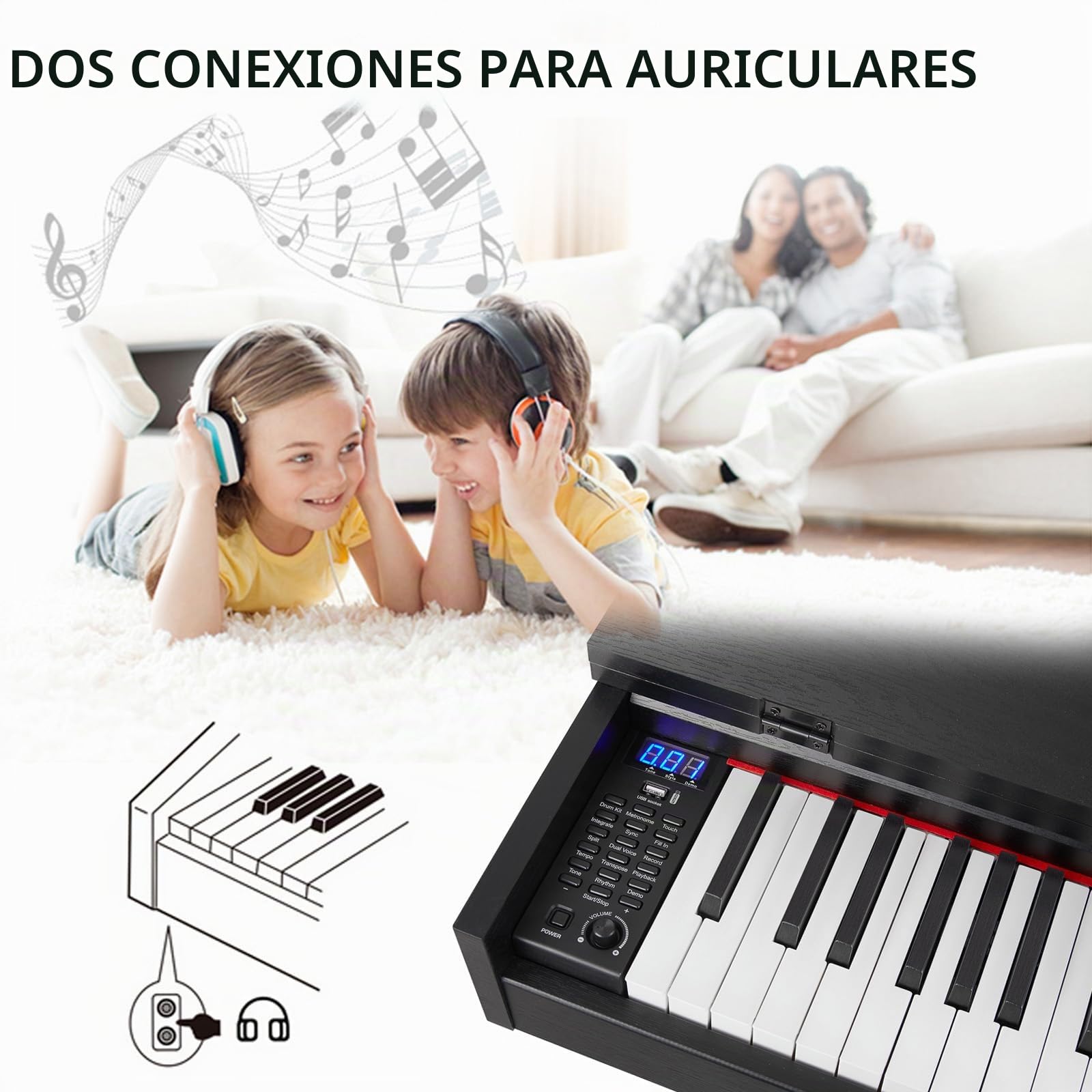 MUSTAR Piano E de 88 teclas, piano digital, piano eléctrico con soporte para piano, 3 adaptadores de pedales, 2 conectores para auriculares, pantalla LCD, USB/MIDI, piano para principiantes