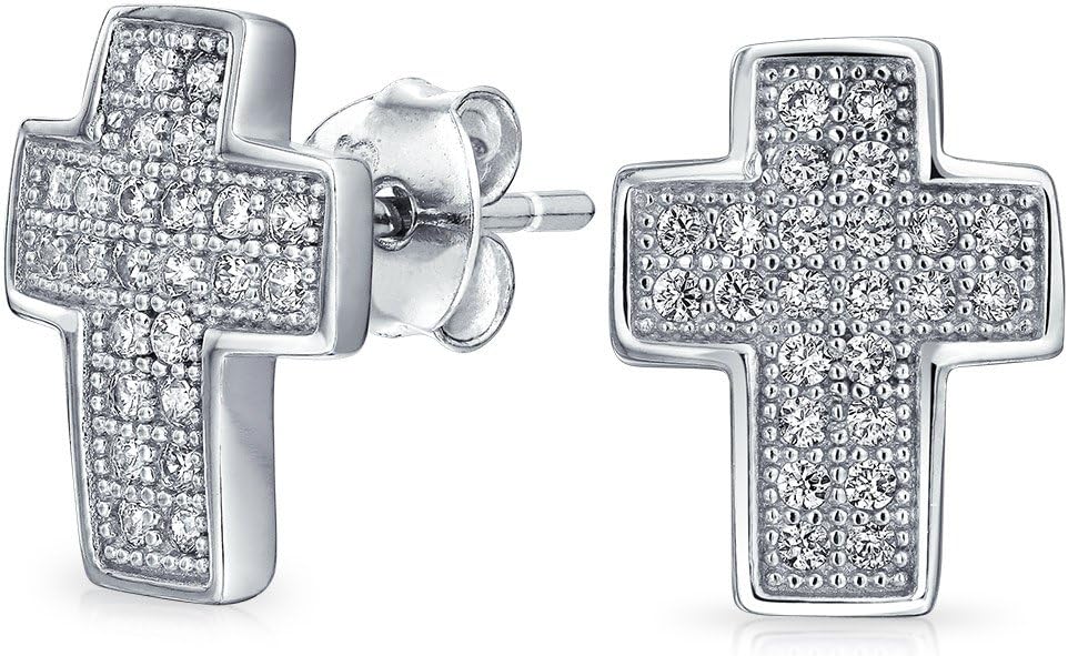 Traditional Religious Spiritual CZ Micro Pave Cross Stud Earrings For Women Teen Men .925 Sterling Silver Cubic Zirconia