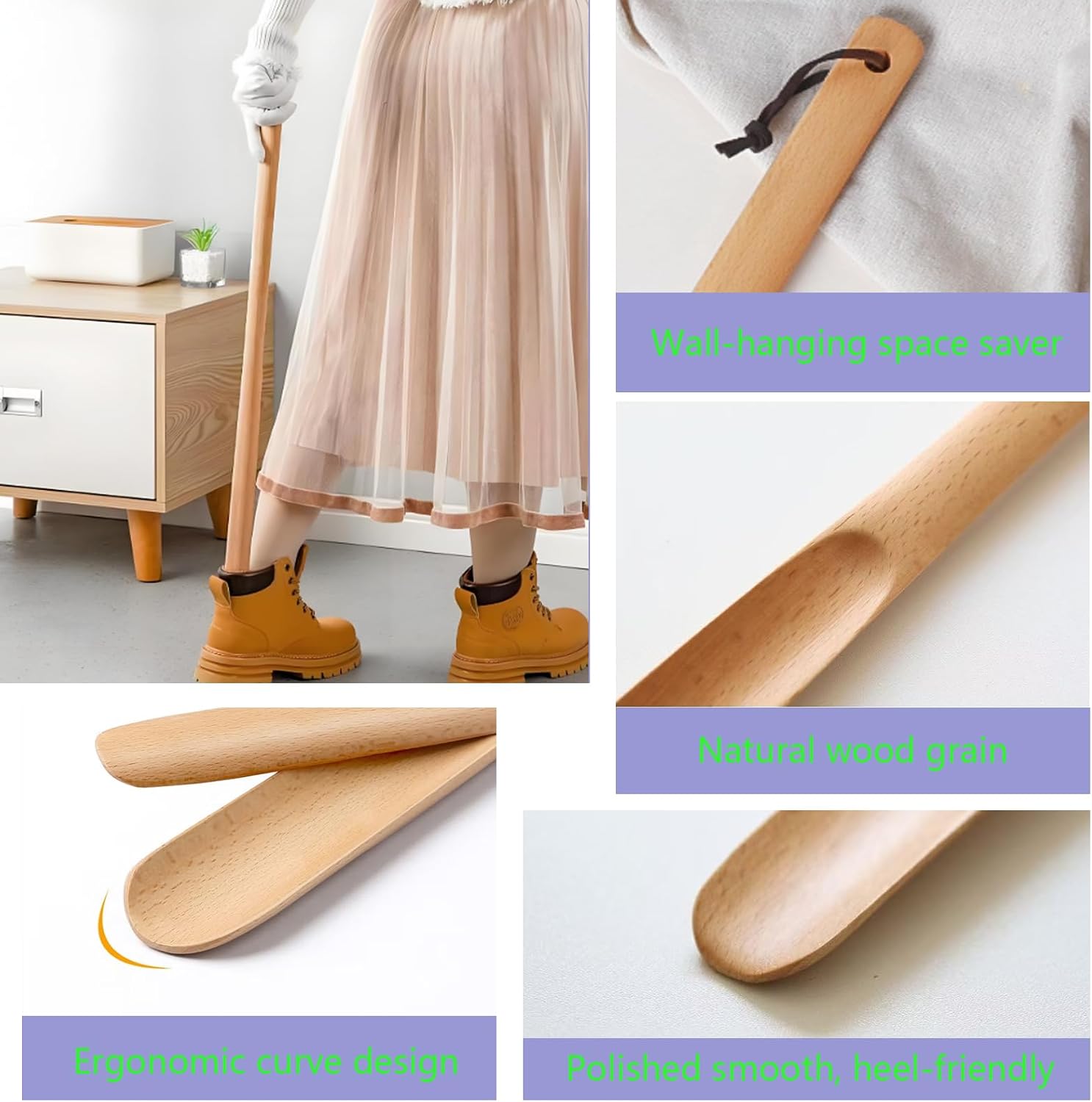 Long Handle Wooden Shoe Horn, 75cm/29.5"