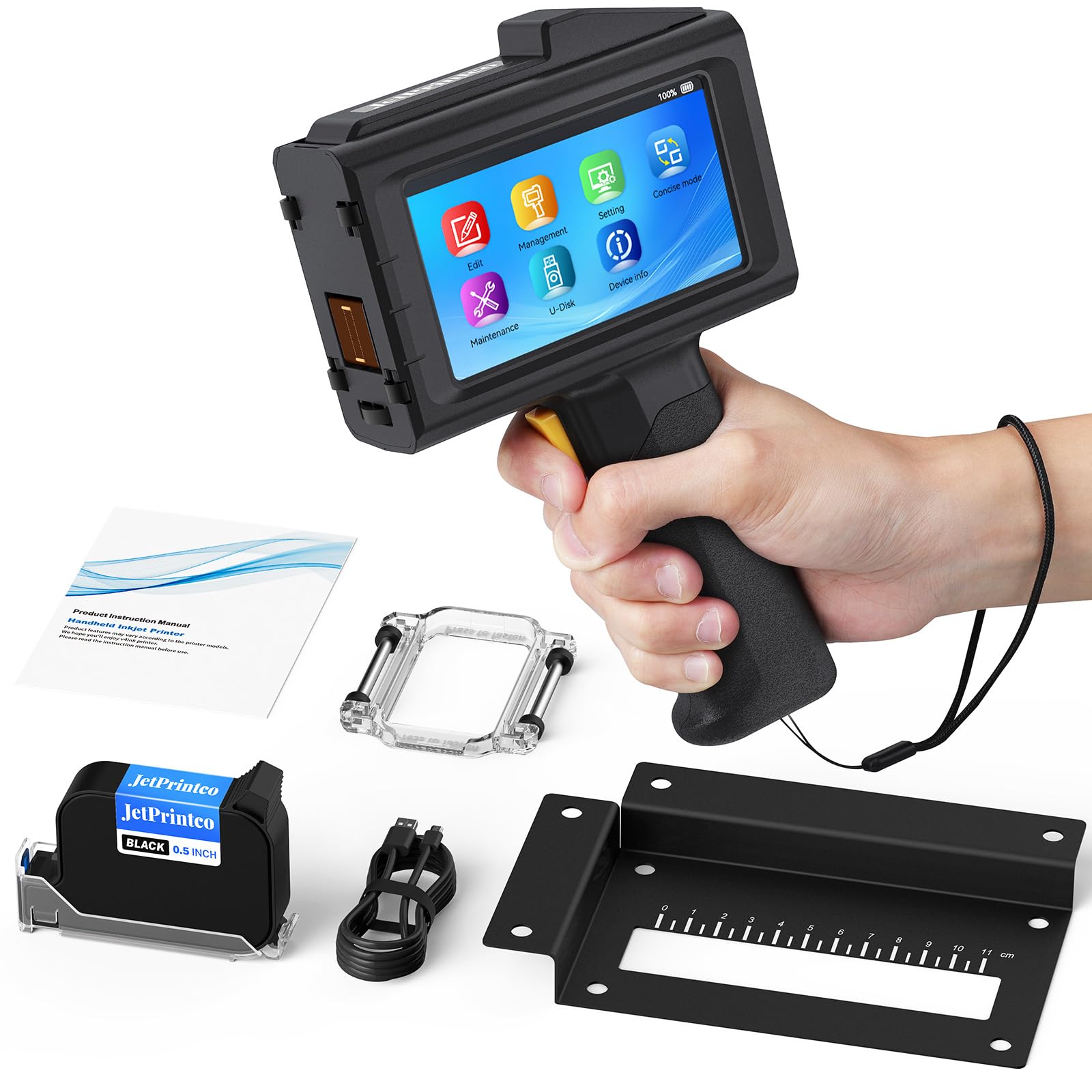 0.5 Inches Print Height Intelligent Handheld Inkjet Printer Lasts 16H Weighs Only 390g for Batch Code Date Lot Number Print on Plastic Carton Wood Metal Glass Aluminum with 42ml Fast Dry Ink