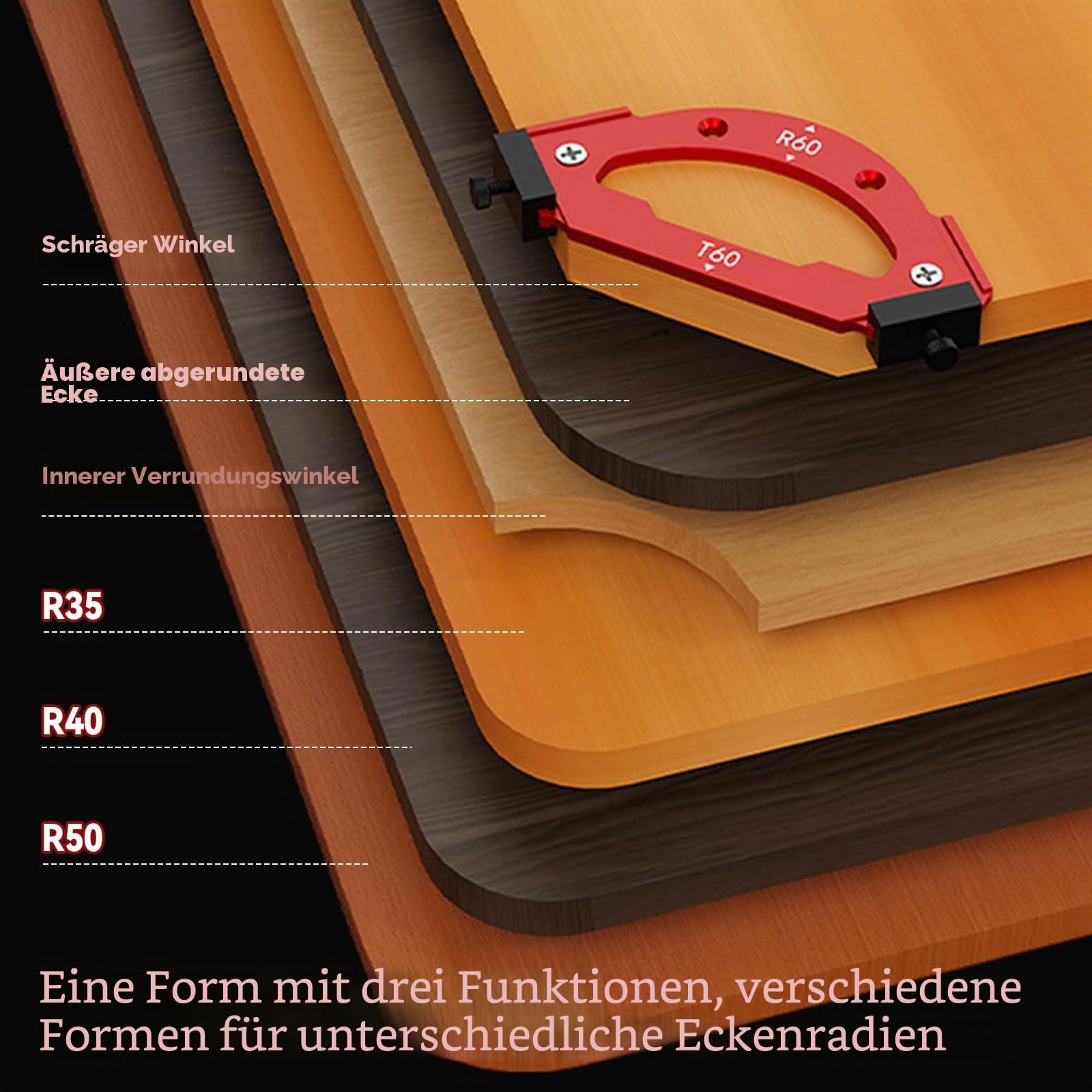 7 Stück Eckschablone Router Schablone, Router Eckschablone R10 R15 R20 R25 R30 R35 R40 R50 R60 T10 T20 T30 T35 T40 T50 T60 für Abschrägung Außen R, Innen R, T Ecke Positionierhilfe