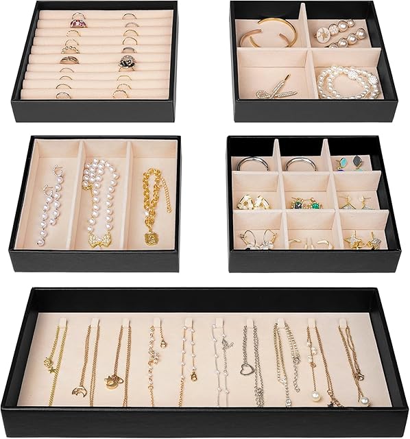 ProCase 5 Set Jewellery Organiser Tray, Jewellery Drawer Organiser Stackable Jewellery Storage Tray for Drawer Jewellery Display for Earring Necklace Ring Bracelet, Gift for Women Black