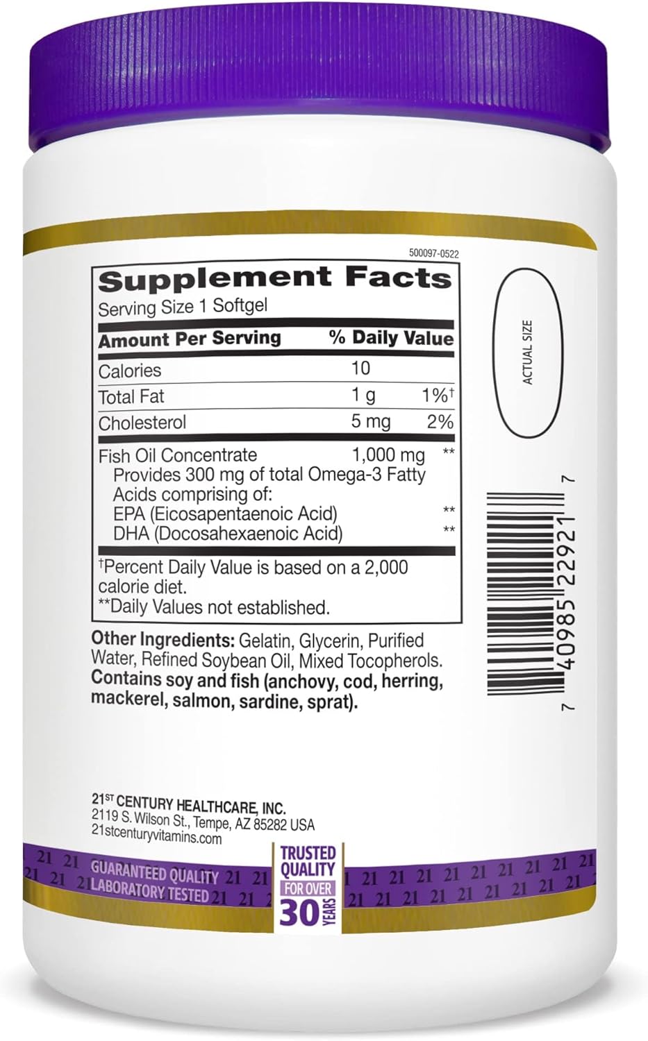 21st Century Fish Oil 1000 mg Softgels, (300 Count), Molecularly Distilled, Omega 3 Supplement with EPA & DHA, Purified to Eliminate Mercury, Supports Cardiovascular Health, Gluten Free & Non-GMO