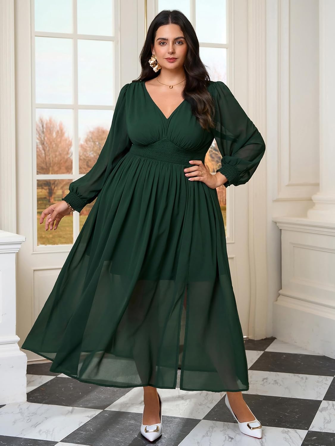 SCOMCHIC Womens Plus Size Formal Dresses Chiffon Wedding Guest Long Sleeve V Neck Smocked Flowy Slit Maxi Dress - Image 5