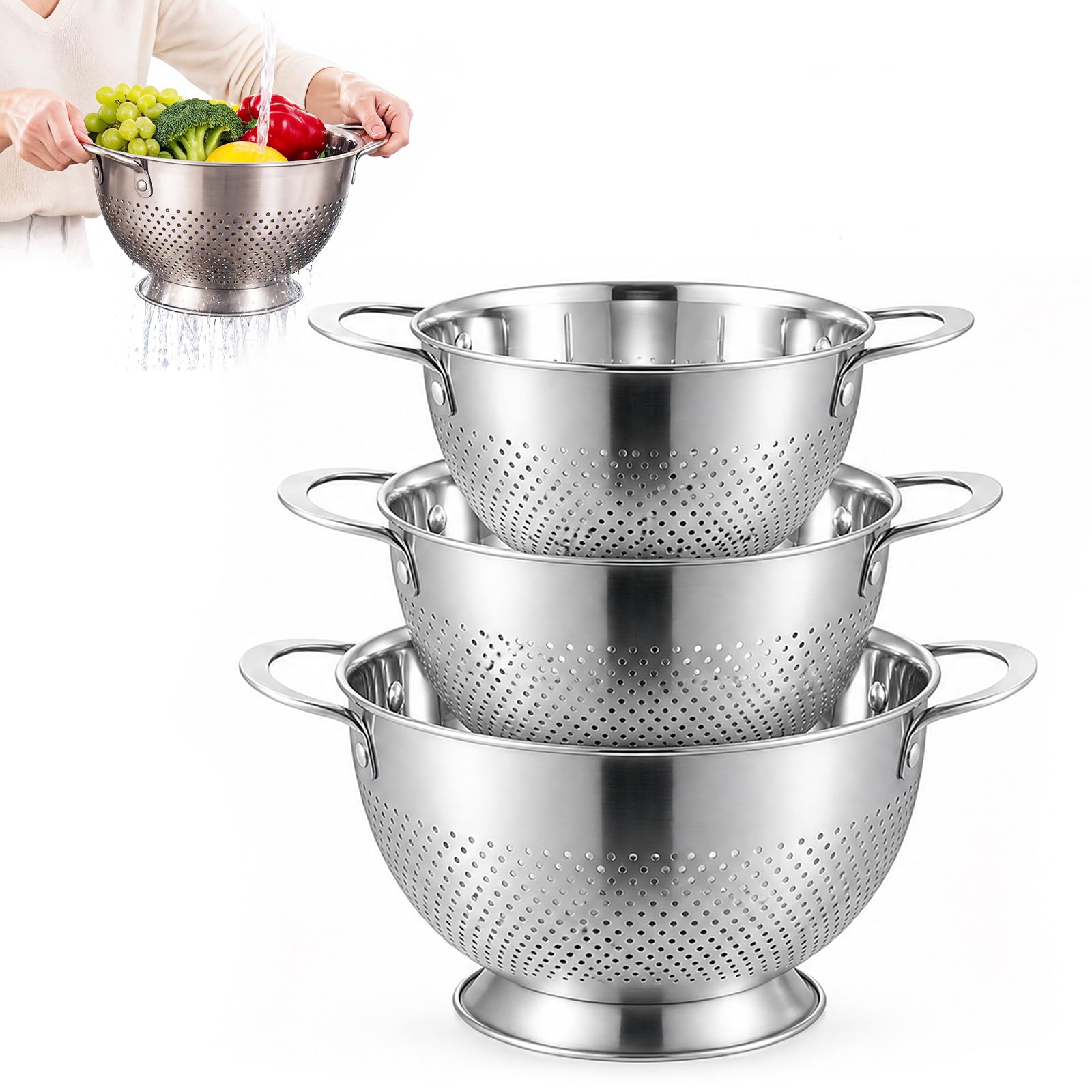Set di 3 colini da cucina in acciaio inox, con manico e base