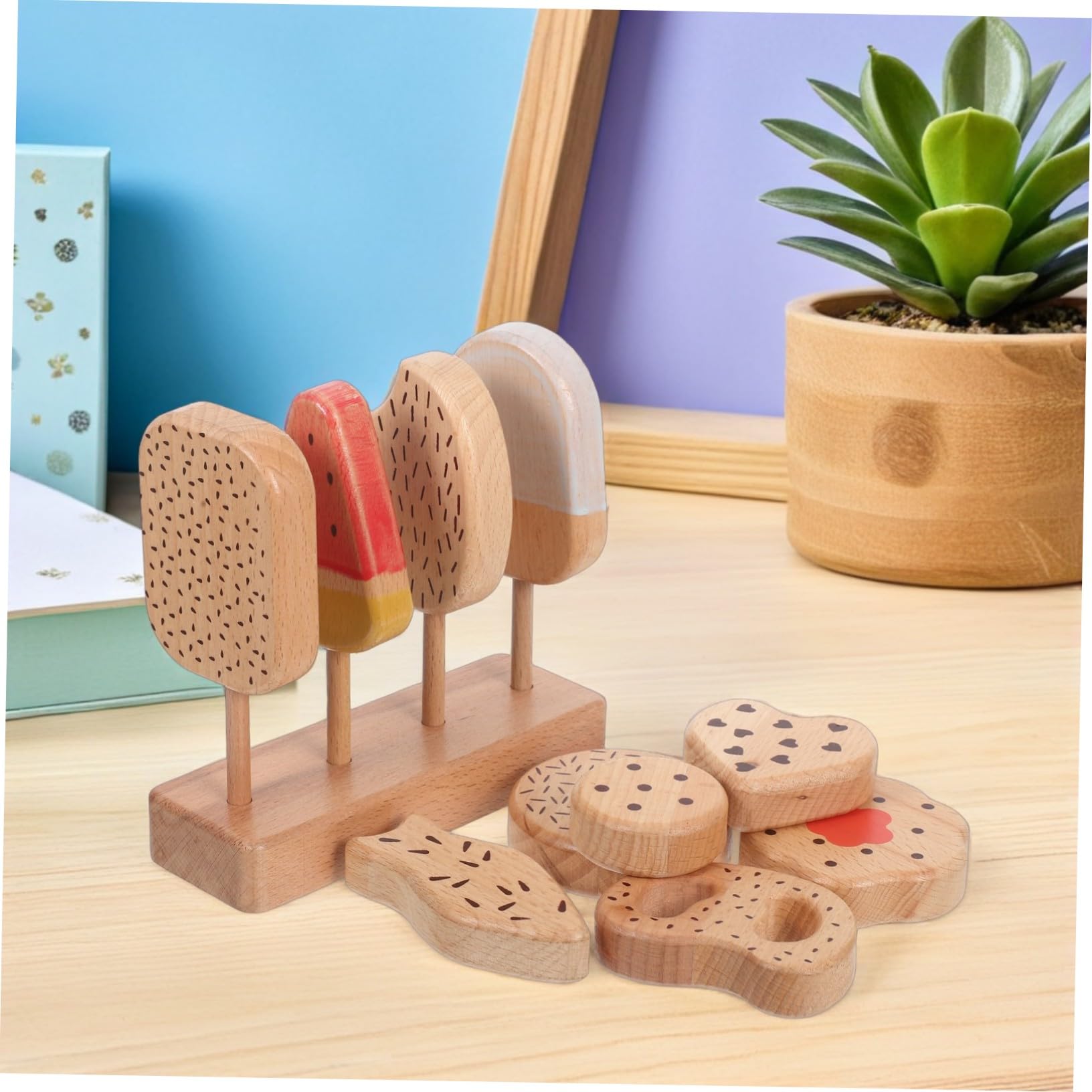 VANZACK Giocattolo di Finzione per Ragazzo Ragazza Gelato e Ciambelle in Legno Set da Cucina Simulato Accessori per Giochi di Ruolo Cibo Finto Educativo per Cucina Giocattolo