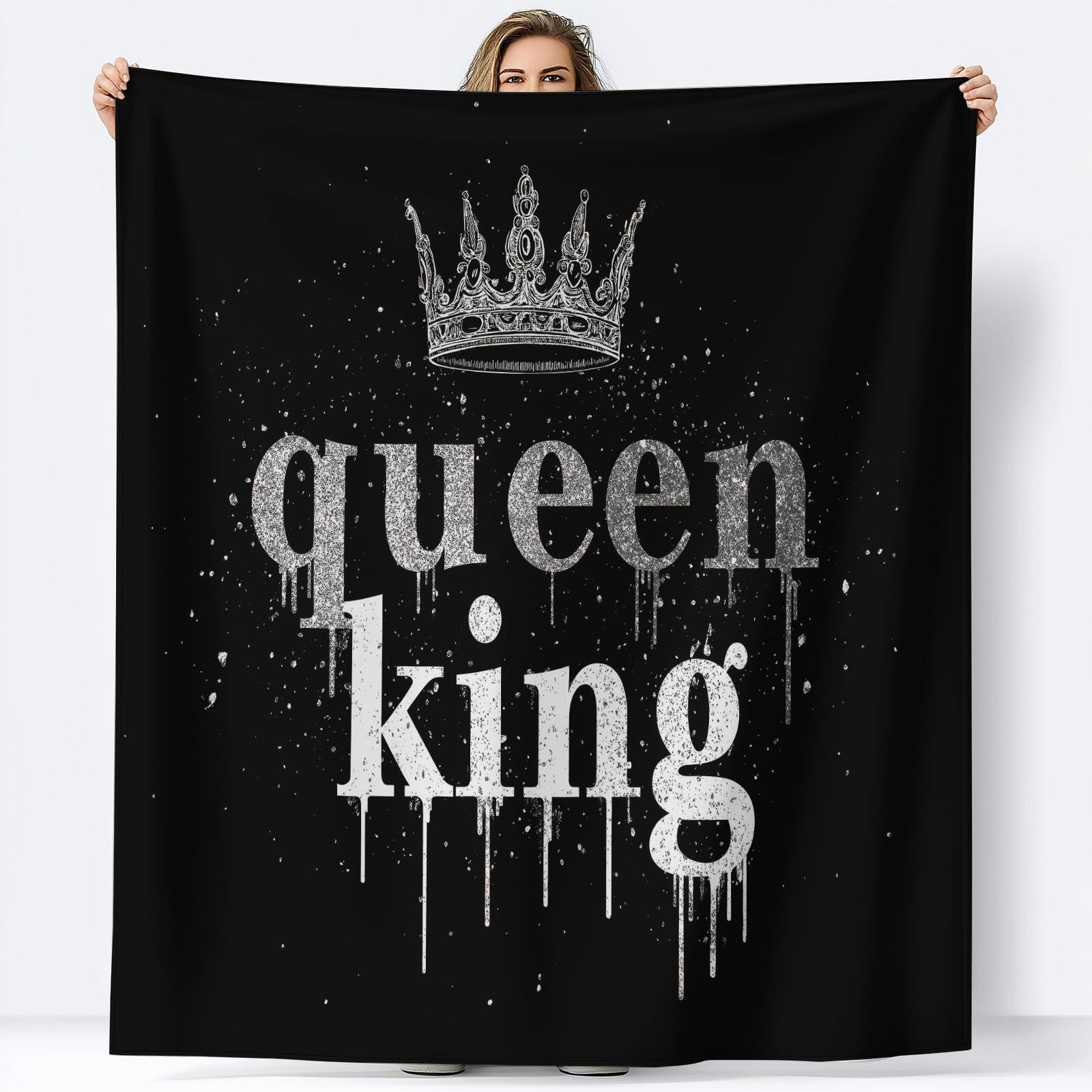 Przytulny koc 220 x 240 cm, korona królowej i królewskiej, flanelowy, przytulny koc, na kanapę, ciepły koc do przytulania, na 4 pory roku, lekka narzuta na sofę, czarny