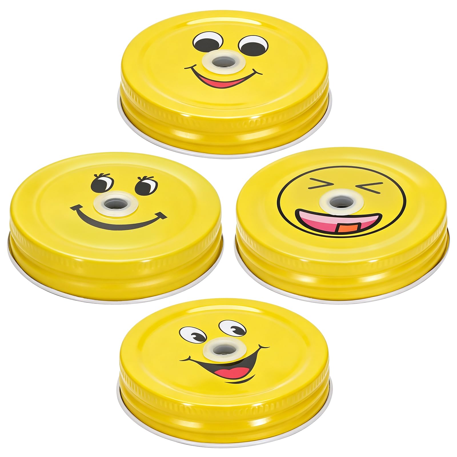 4 colors checkered Regular Mouth Mason Jar Straw Lids 2.7 Inch Metal Stainless Steel Mason Jar Drinking Lids with Straw Hole Leak Proof Dishwasher Safe (Smiling Face)