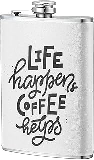 LINGF La vita accade il caffè aiuta 8 Oz per uomo donna viaggio campeggio pesca drink bar barbecue e borraccia da viaggio coperchio in pelle a prova di perdite Ottima idea regalo Fla