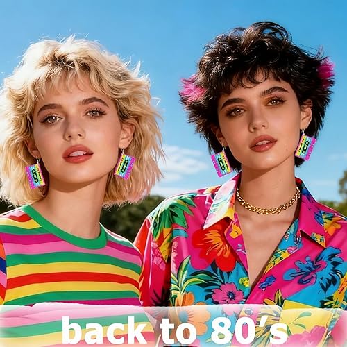 Miniatura 2 de Nanafast Aretes de los años 80 para mujer, aretes acrílicos de neón retro de los años 90, estilo vintage, estilo de cinta de casete, joyería de los