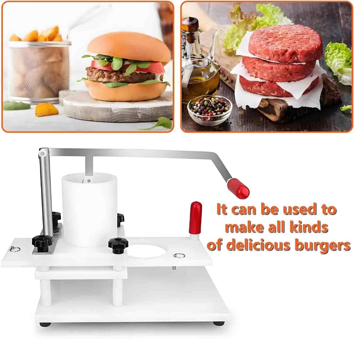 Burgerpresse, manuelle Hamburger-Patty-Maschine, lebensmittelechte Edelstahl-Konstruktion, ideal für schnelle Service-Restaurants und Burgerläden