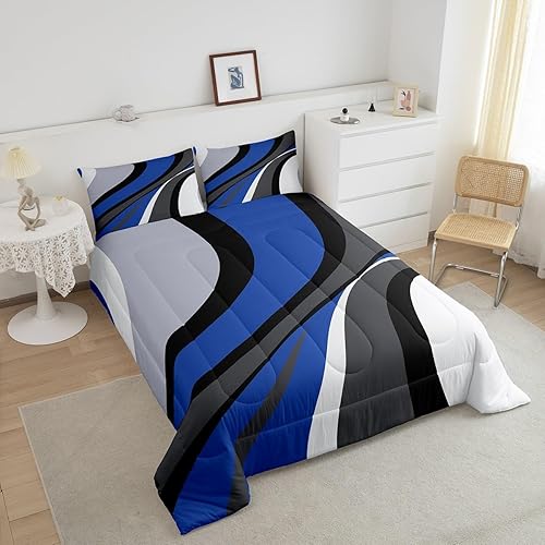 Miniatura 3 de Juego de edredón geométrico azul real, tamaño Queen, moderno juego de ropa de cama blanco y gris, edredón de plumón geométrico para niños y hombres,