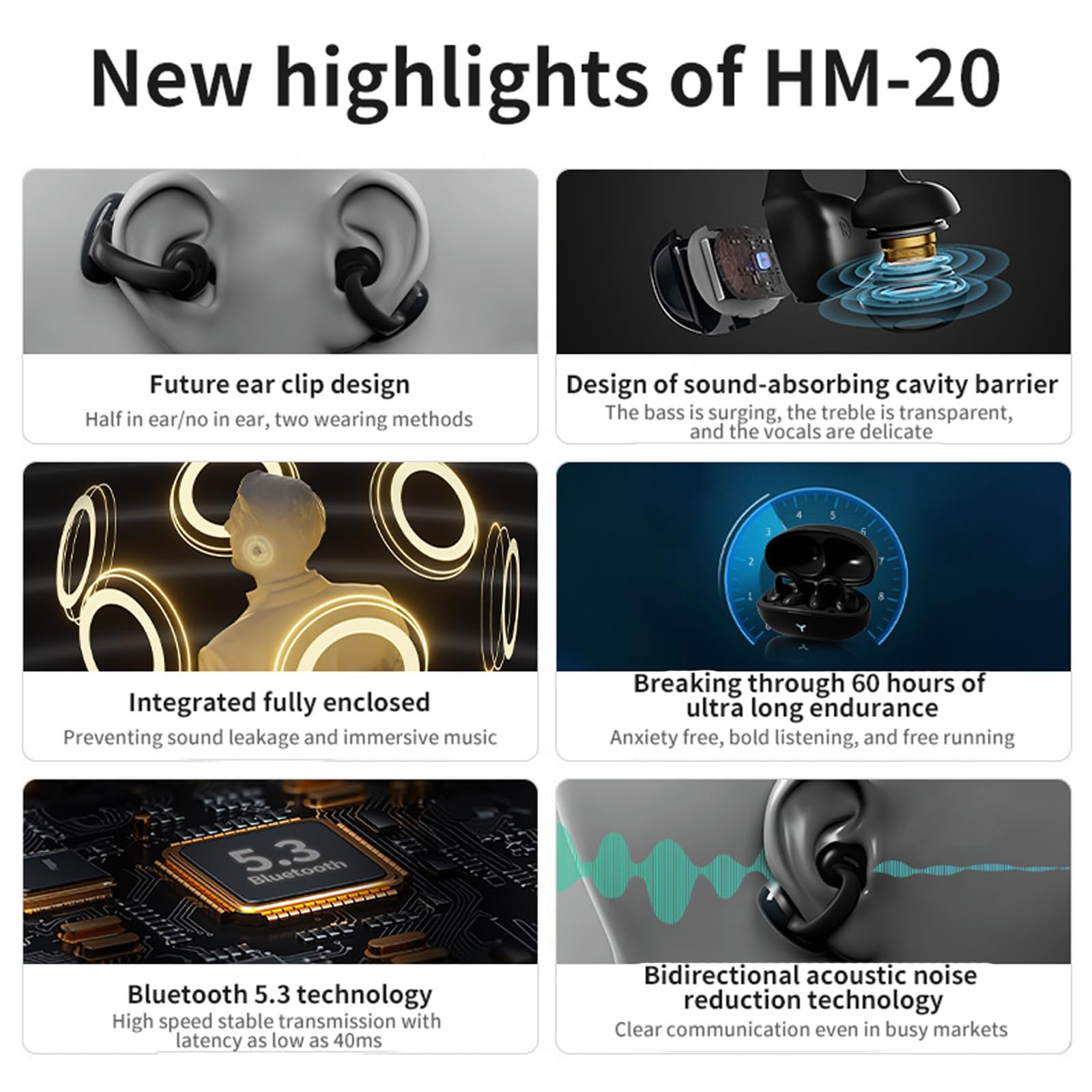 KHEALING Oreillette sans fil Bluetooth avec clip d'oreille, haute qualité sonore, longue durée de vie, faible latence, réduction du bruit, casque de jeu et de sport (noir)