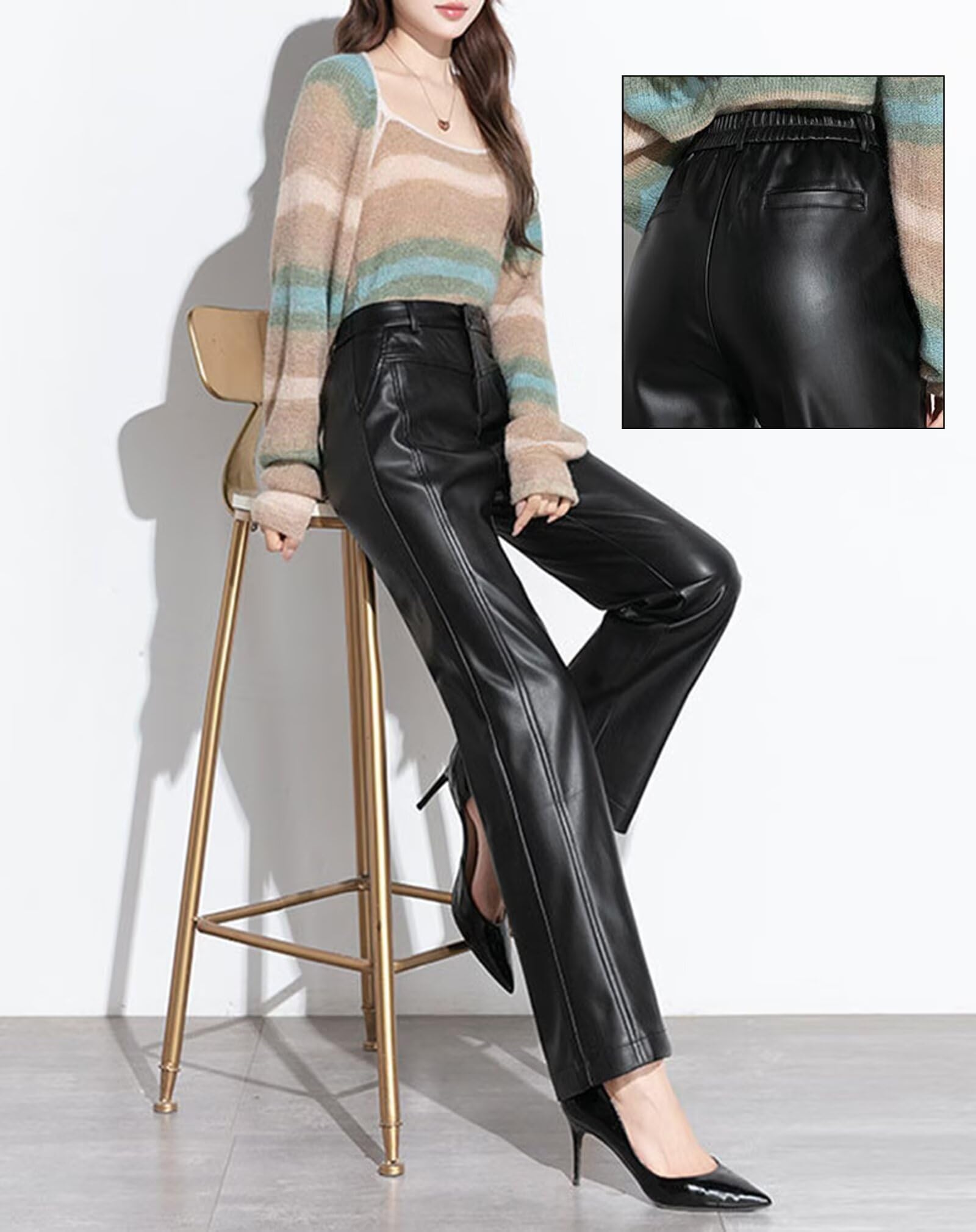 HNVAVQ Pantalón Mujer Cuero Cintura Alta Pantalón Pierna Recta Elegante Oficina