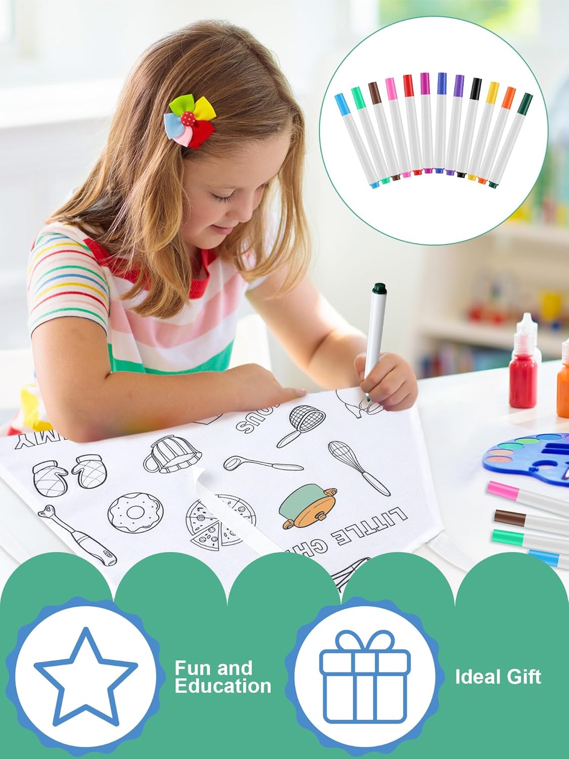 3 Pcs DIY Coloring Apron for Girls Boys Painting Apron with 24 Fabric Markers White Fun & Educational Craft Accessories for 6-10 Years Old