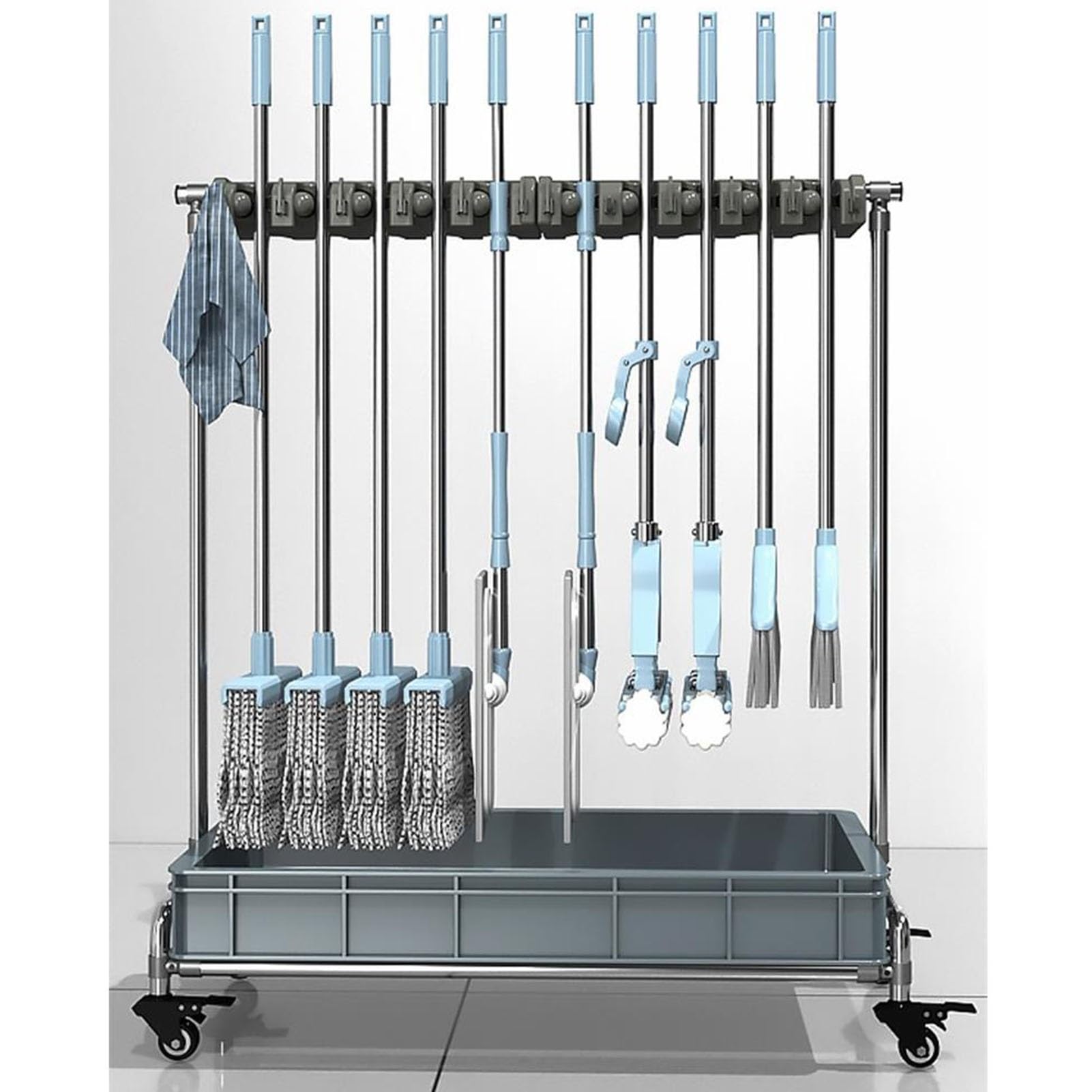 Besen- und Mopphalter, Mopp- und Besenständer, Abnehmbarer Schrank-Aufbewahrungsschrank, Moppständer mit Moppbecken für Garage, Garten, Schrank (eine Farbe, 8 Haken)