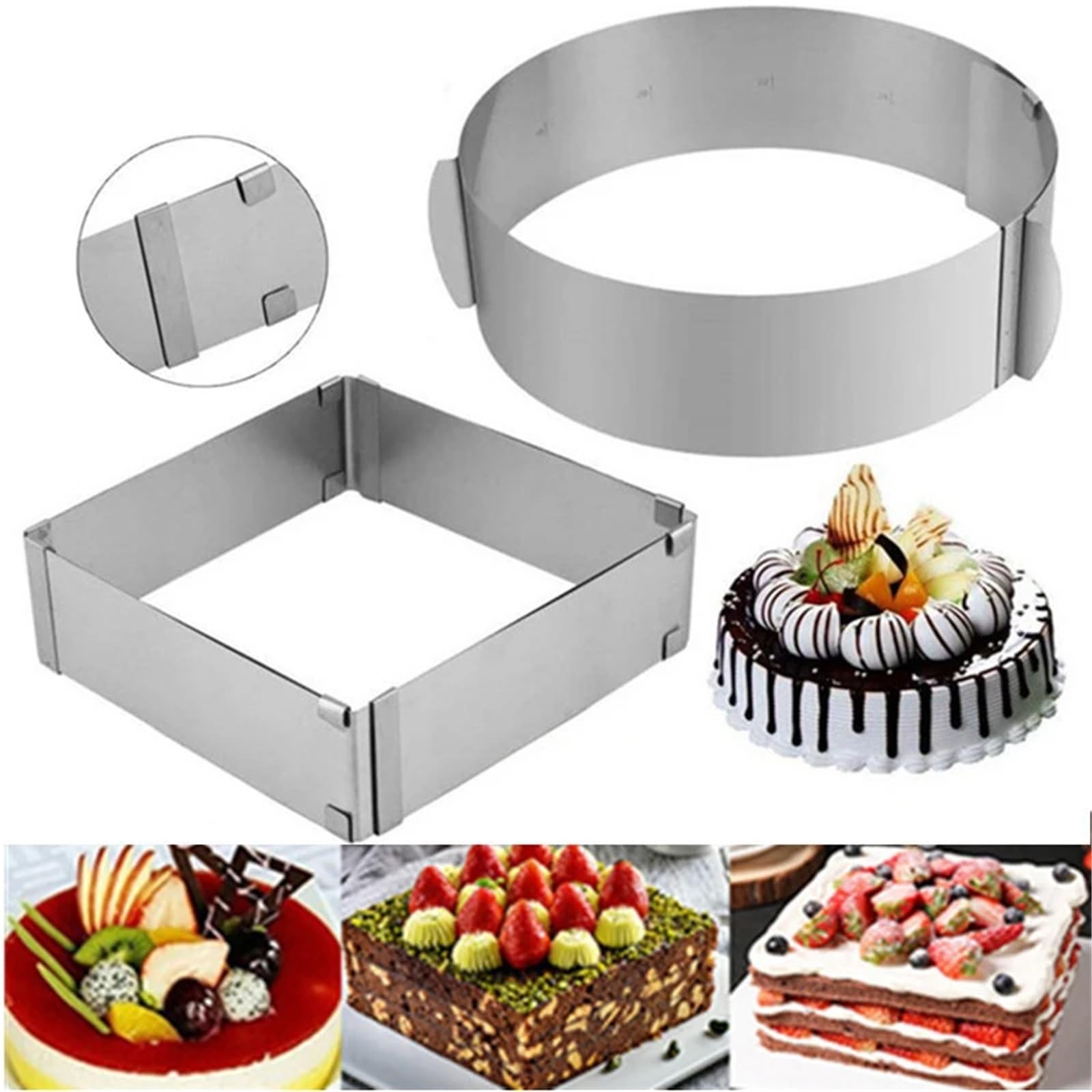 Anillo Para Tartas Juego de anillos ajustables for Mousse, molde for hornear pasteles cuadrado redondo de acero inoxidable, herramientas de decoración de pasteles de boda y cumpleaños, 3 uds.(Round Ca