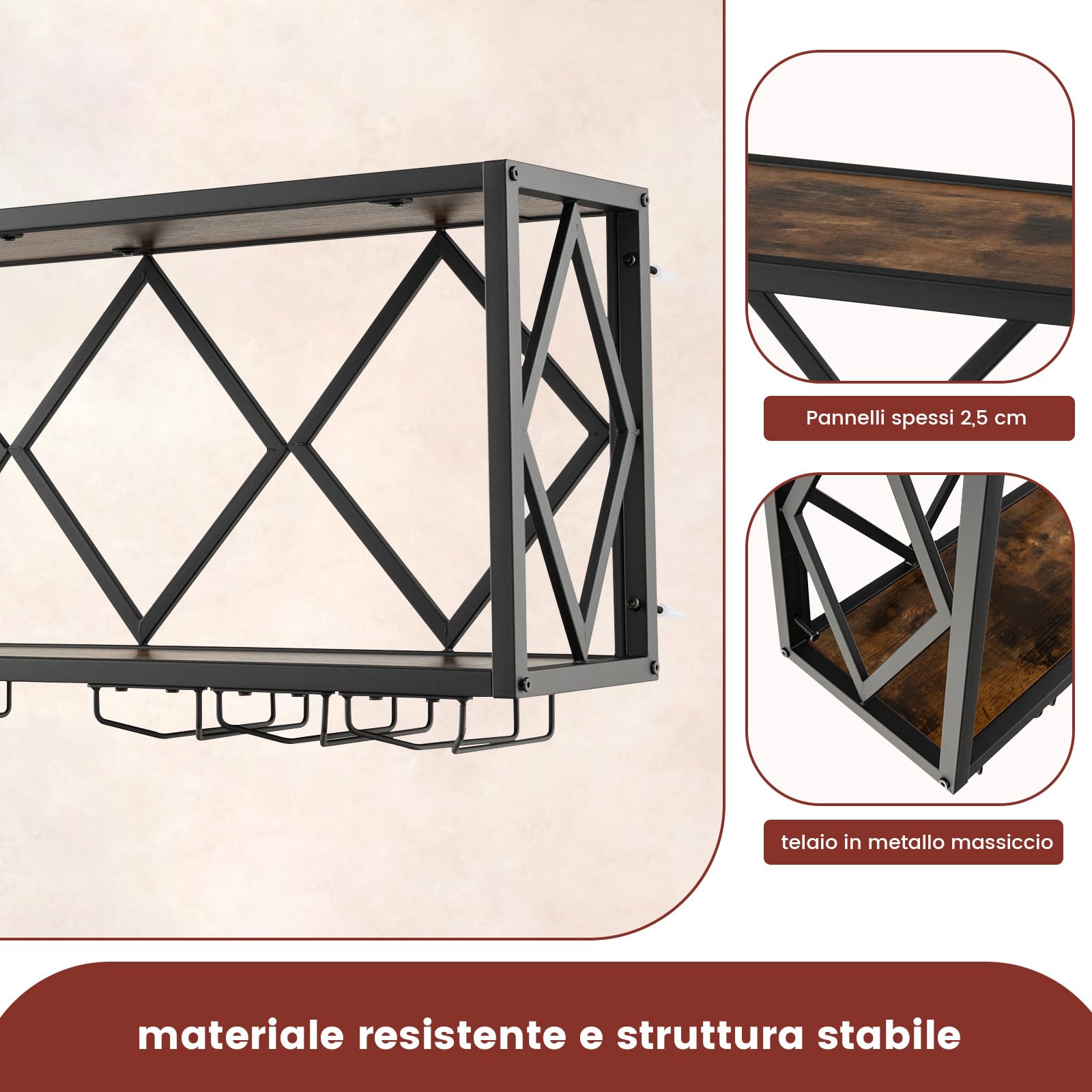 COSTWAY Portabottiglie da Parete, Scaffale per Esposizione di Vino con 6 File di Portabicchieri, Scaffale per Conservare 39 Bottiglie e 12 Bicchieri, Adatto per Cucina, Soggiorno, Sala da Pranzo