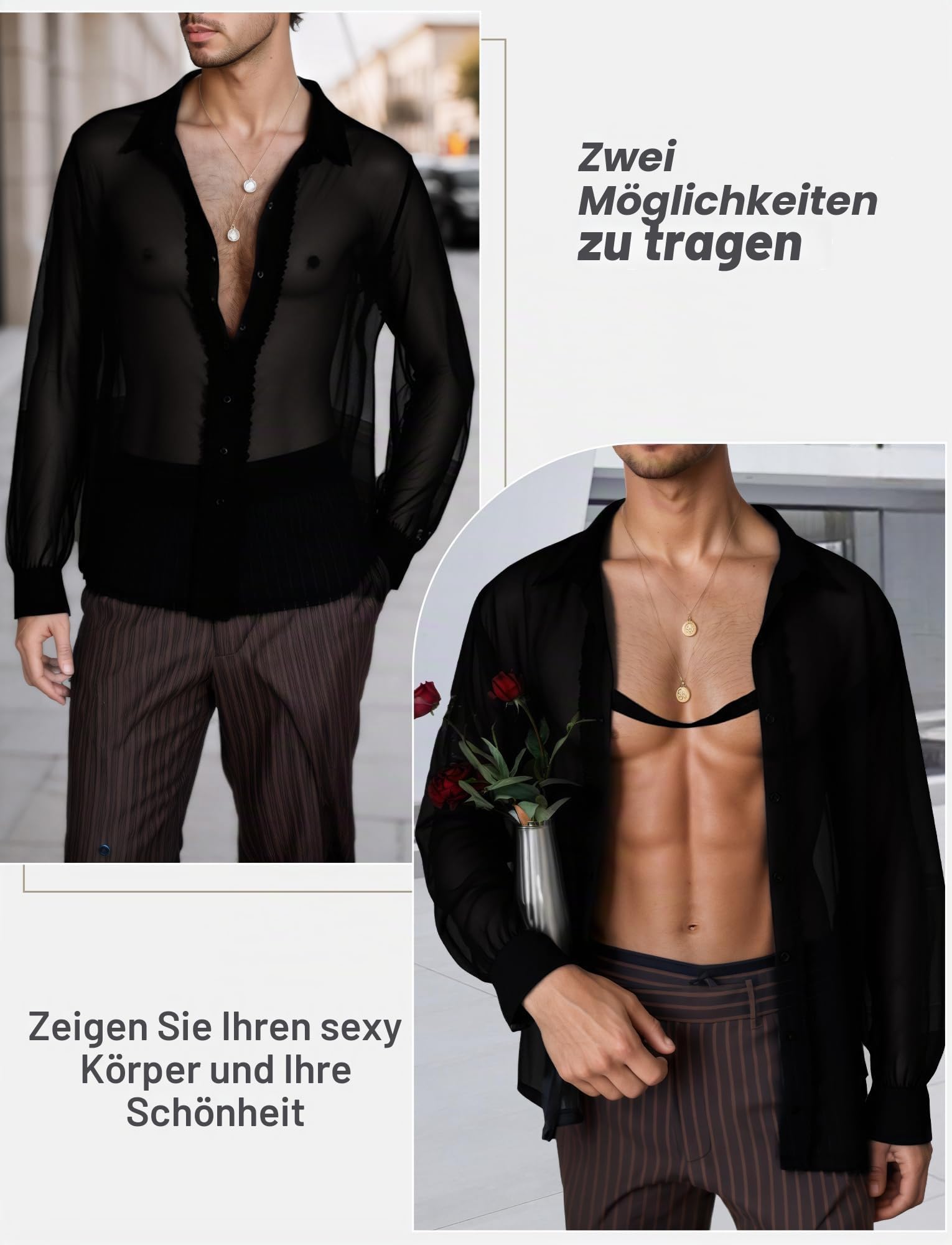 AIEOE Herren Hemd Transparent Leicht Muskel Shirt Clubwear S-3XL