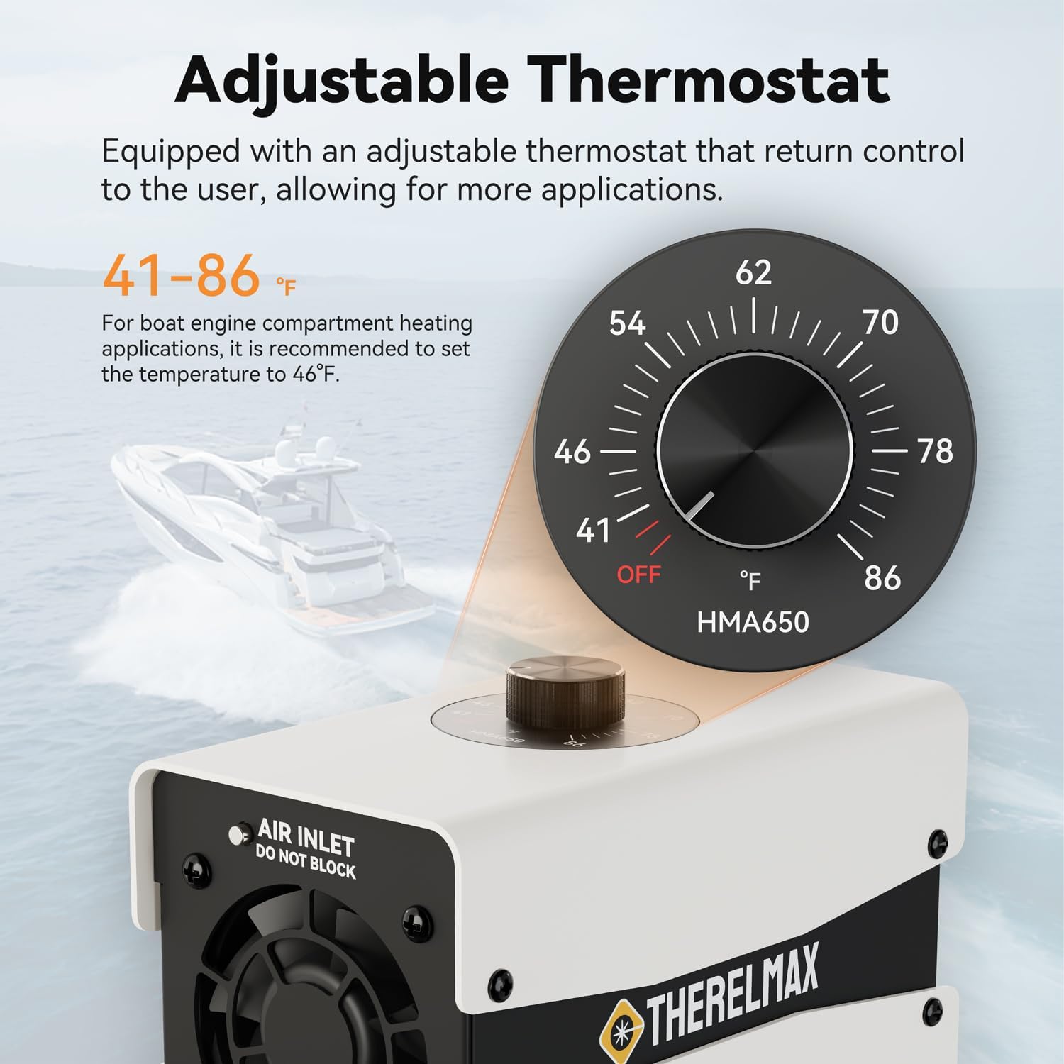 Boat Engine Compartment Heater Built-in Thermostat, 650W Boat Cabin Heater with Safe PTC Element and Waterproof Fan HMA650 Multi-Use Boat Bilge Heater to Prevent Your Cabin Pump from Freezing, White