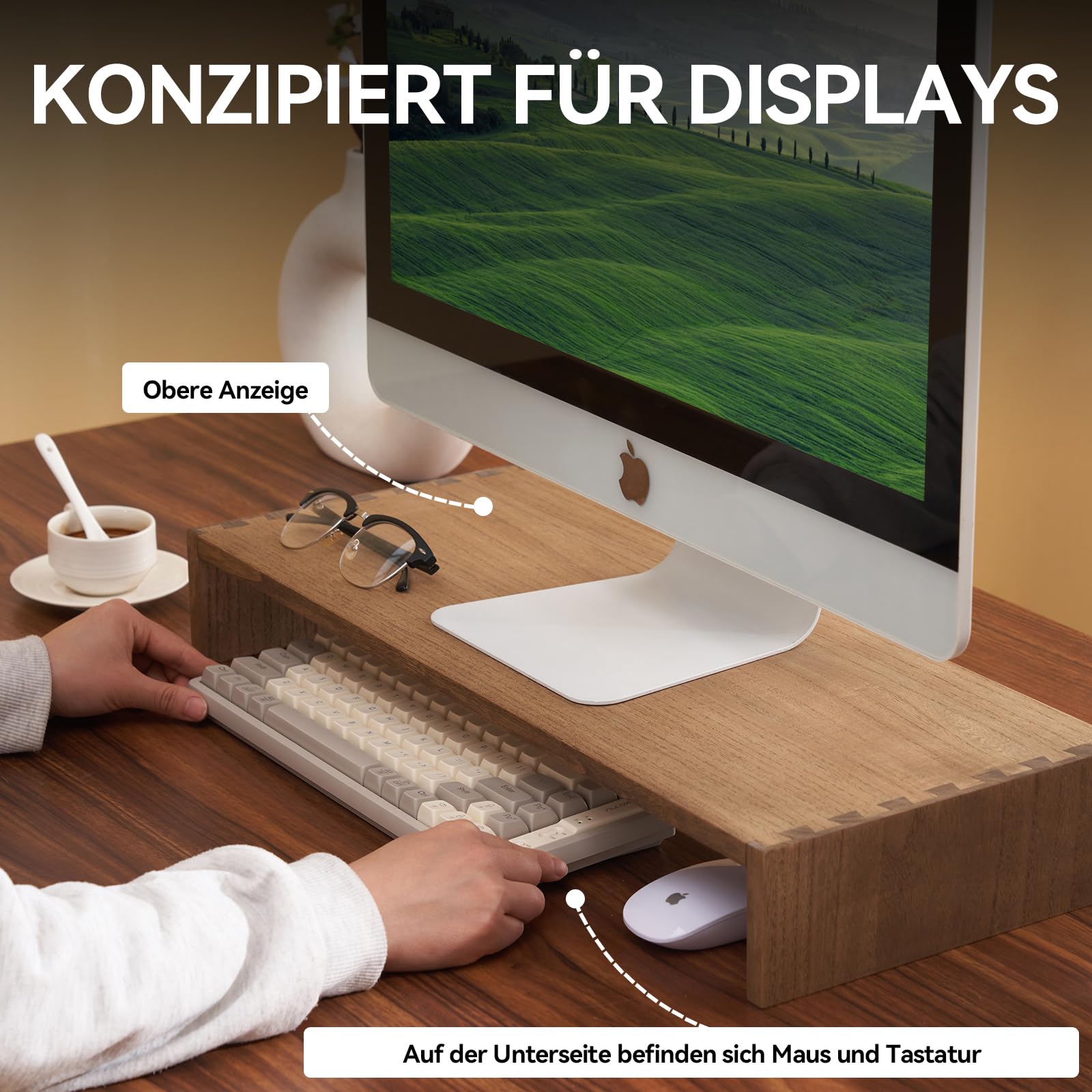 KIRIGEN Monitorständer Holz, Bildschirmerhöhung, 59 x 24 x 8,5 cm, Braun | Paulownia-Massivholz, handgefertigt, fertig montiert, Zapfenverbindungen, 20 kg Tragkraft, Pflanzenöl, 4 Antirutschpads
