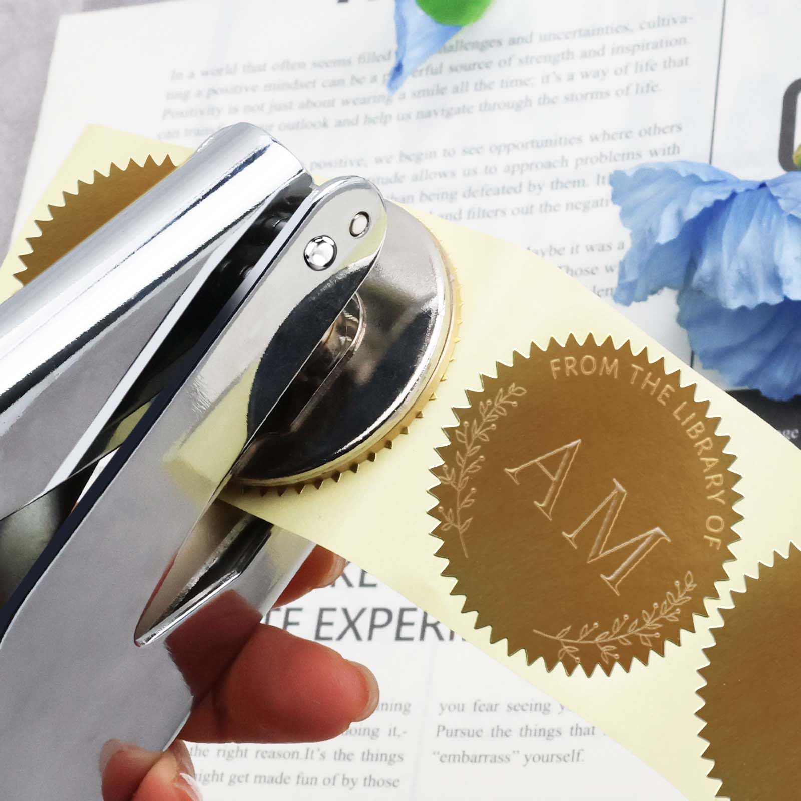 Timbro in rilievo con iniziali per matrimoni, diari e diari, con scatola portaoggetti e 10 adesivi dorati, strumento per goffratura argento per gli amanti dei libri (AM)