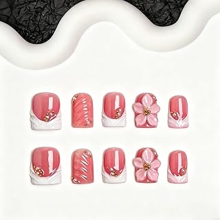10pcs Flower Press on Nails Handmade Fake Nails with 3D Flower & Gold Bead Charms Short Square Nude Pink French Tip Acrylic Nails Glossy Elegant Style Stick on Nail Manicuare Art for Women (M)