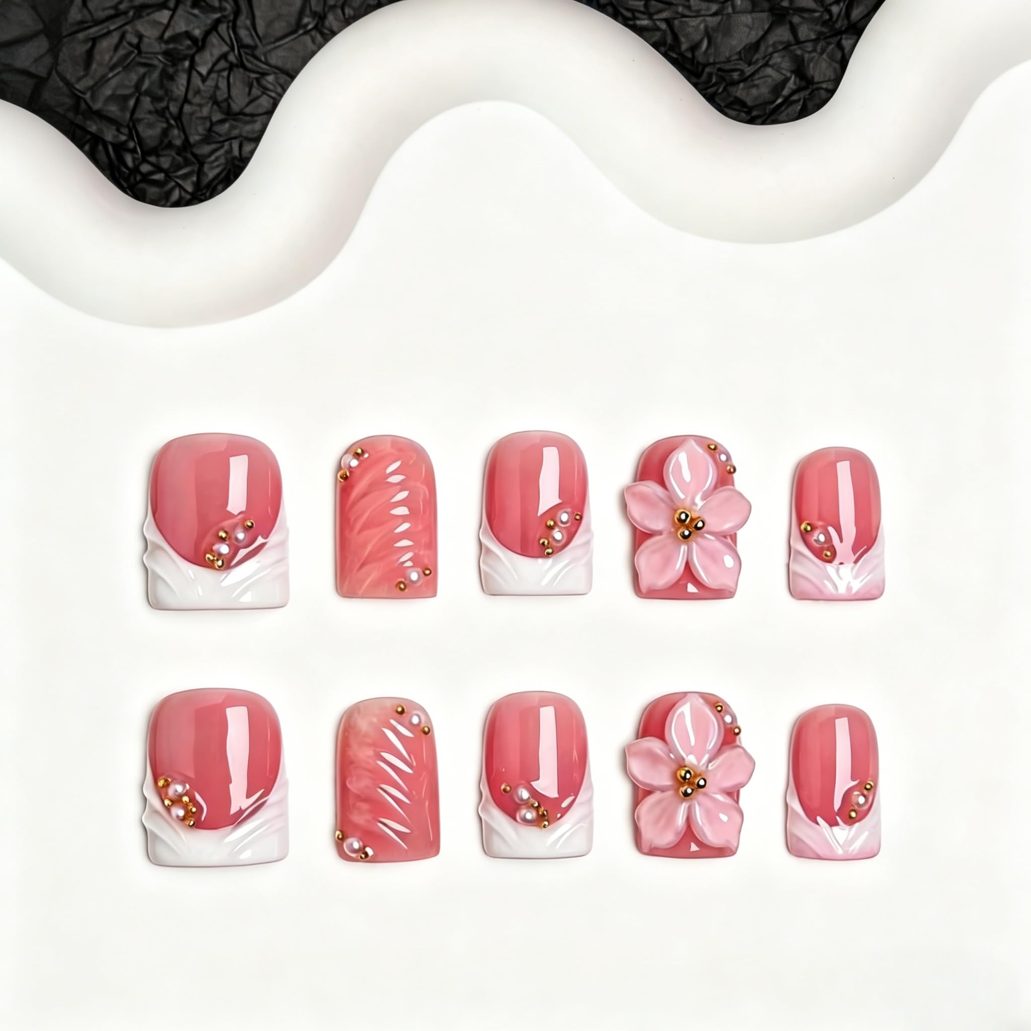Photo 1 of 10pcs Flower Press on Nails Handmade Fake Nails with 3D Flower & Gold Bead Charms Short Square Nude Pink French Tip Acrylic Nails Glossy Elegant Style Stick on Nail Manicuare Art for Women (S)