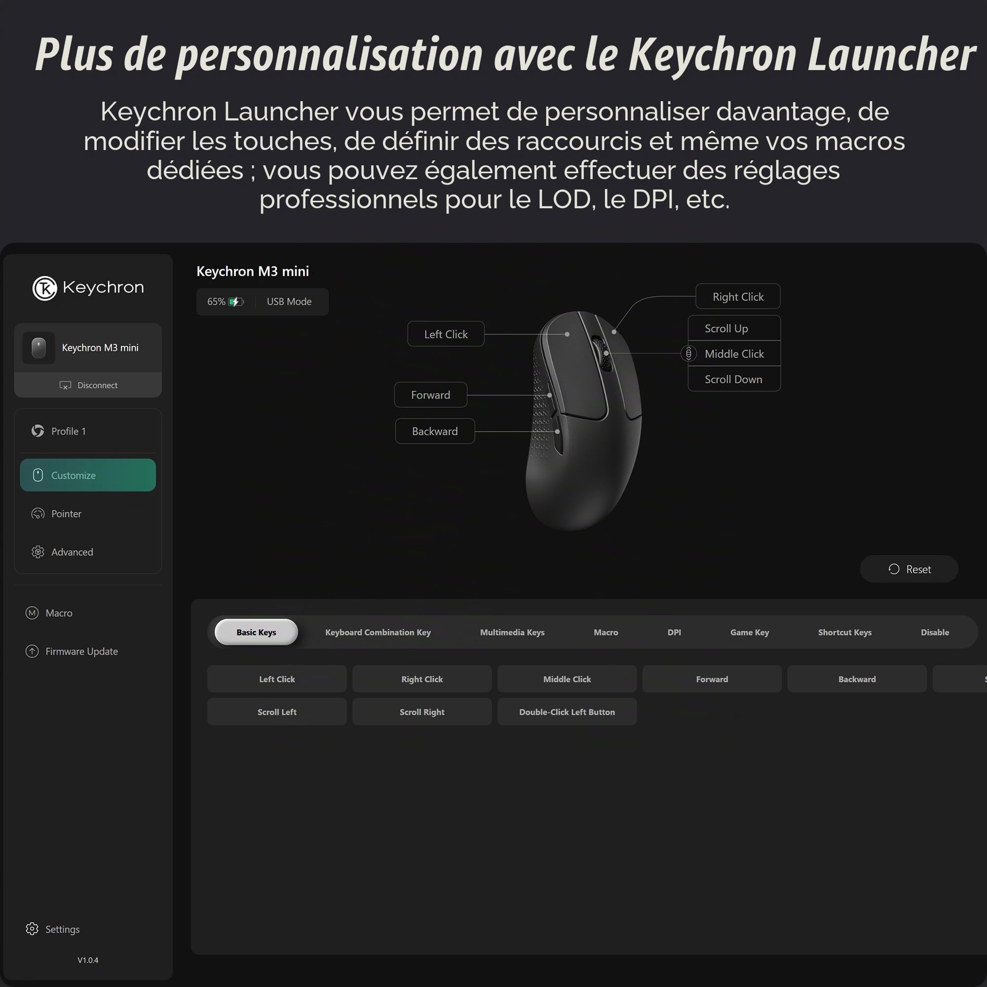 Keychron M3 Souris Optique sans Fil, 2.4GHz/Bluetooth 5.2/, 1000 Hz, Programmable avec Launcher, PixArt 3311, jusqu'à 12000 DPI/300 IPS, Léger et Ergonomique pour Windows, Mac et Linux - Noir