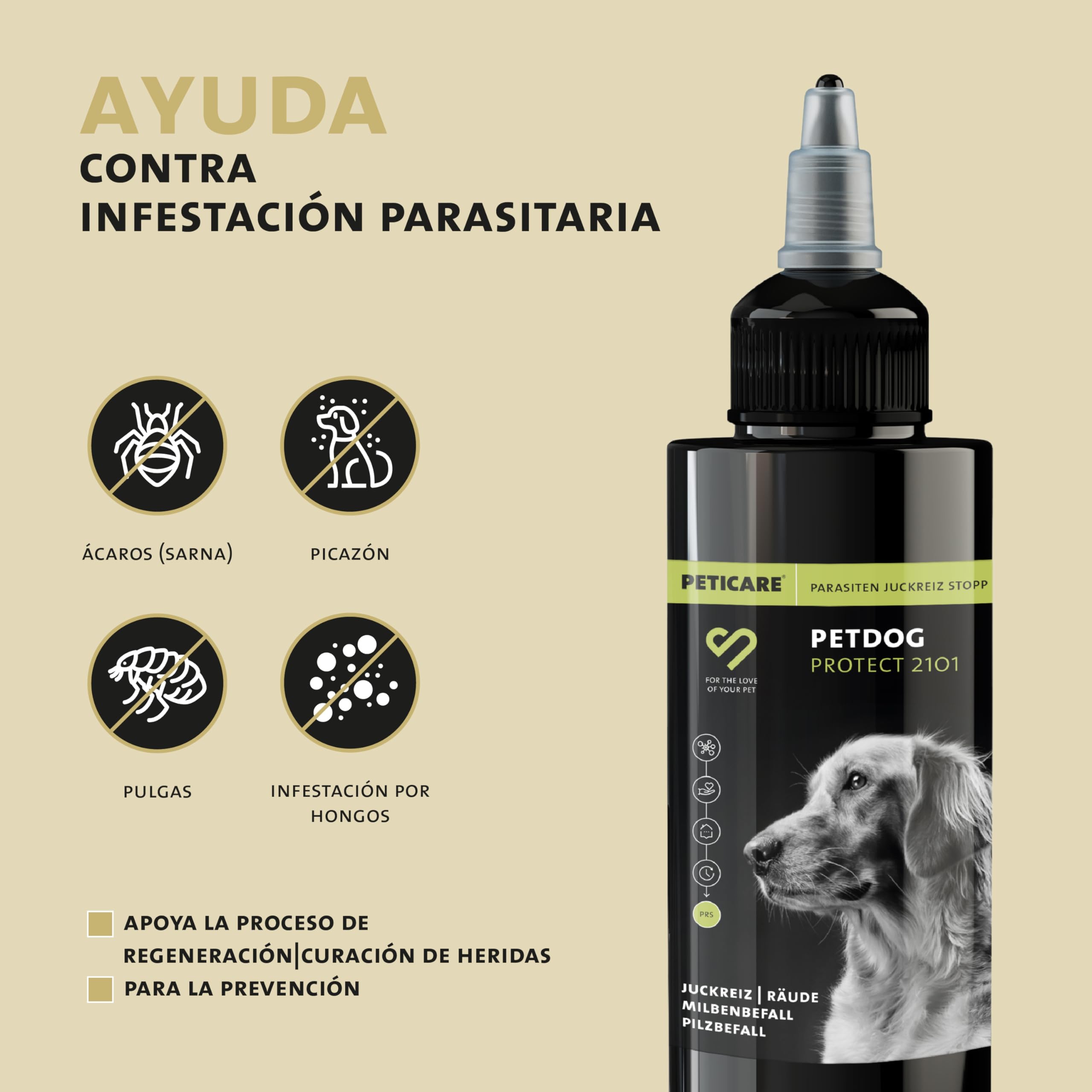 Peticare Anti-parasitario para Perros | contra ácaros, pulgas, Hongos | Alivia el picor y favorece el Proceso de regeneración | Sistema único PRS® para un Efecto Duradero - petDog Protect 2101