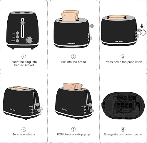 Miniatura 7 de Roter Mond Tostadora de 2 rebanadas de acero inoxidable retro con funciones de bagel, cancelación y descongelación, 6 ajustes de sombra de pan,
