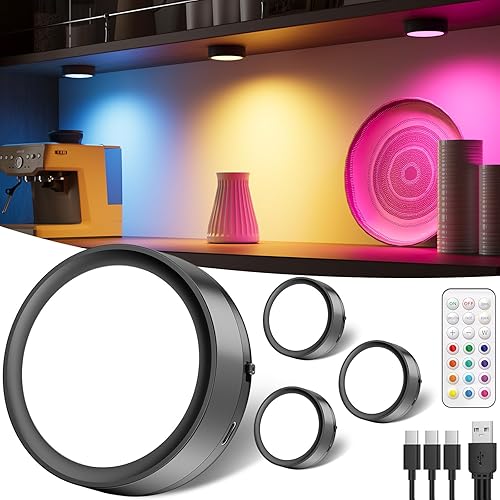 RGB Rechargeable Puck Lights with Remote, 2400mAh Colored Battery Operated Tap Lights Stick On Under Cabinet Lighting USB Magnetic Classroom Push Light Kitchen Counter Touch Light Press Button Lamp
