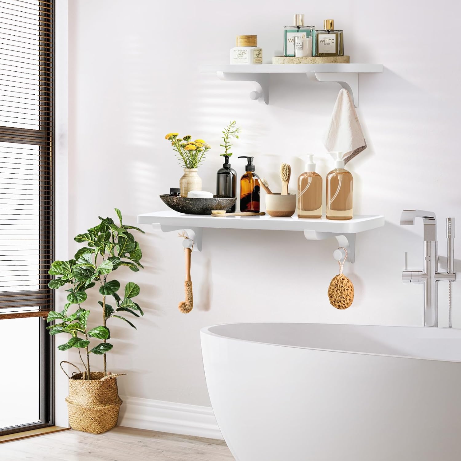 Wooden Floating Shelves for Wall, 22.6" W x 6" D x 0.8" H Large Wall Shelves, Hanging Storage Shelf with Hooks for Living Room, Kitchen, Bathroom, Bedroom Decor, White, 2 Packs